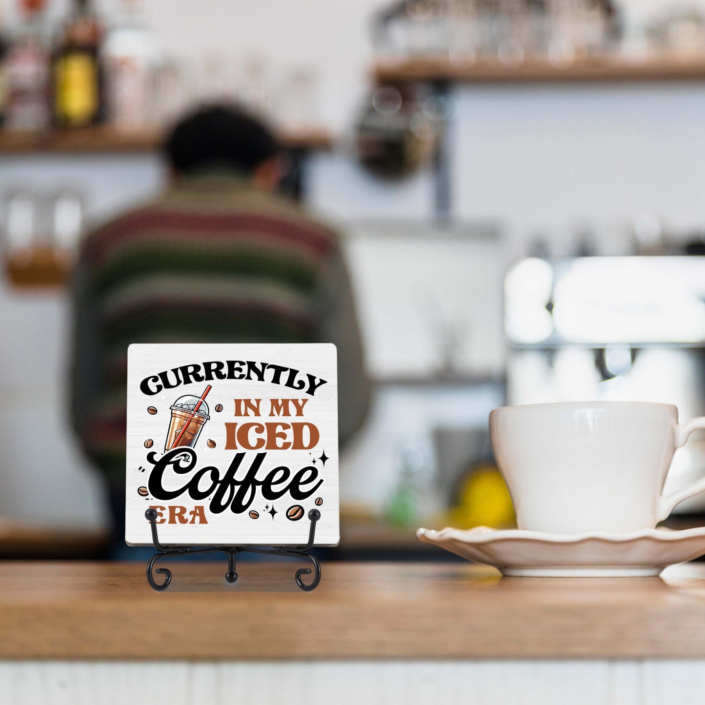 Coffee Bar Decor, Farmhouse Kitchen Table Decor, Coffee Station Accessories, Wooden Decorative Sign with Iron Stand for Table Desk Shelf Display-E21 BST220