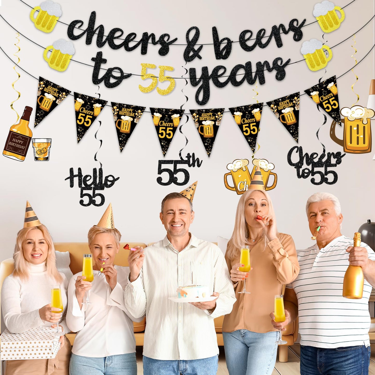 Black Gold 90th Birthday Decorations for Men Women, Glitter Pre-Strung Cheers to 90 Years Banner Hello 90 Hanging Swirls Paper Triangle Flag Banner Decorations Bday Party Supplies Kit WN420