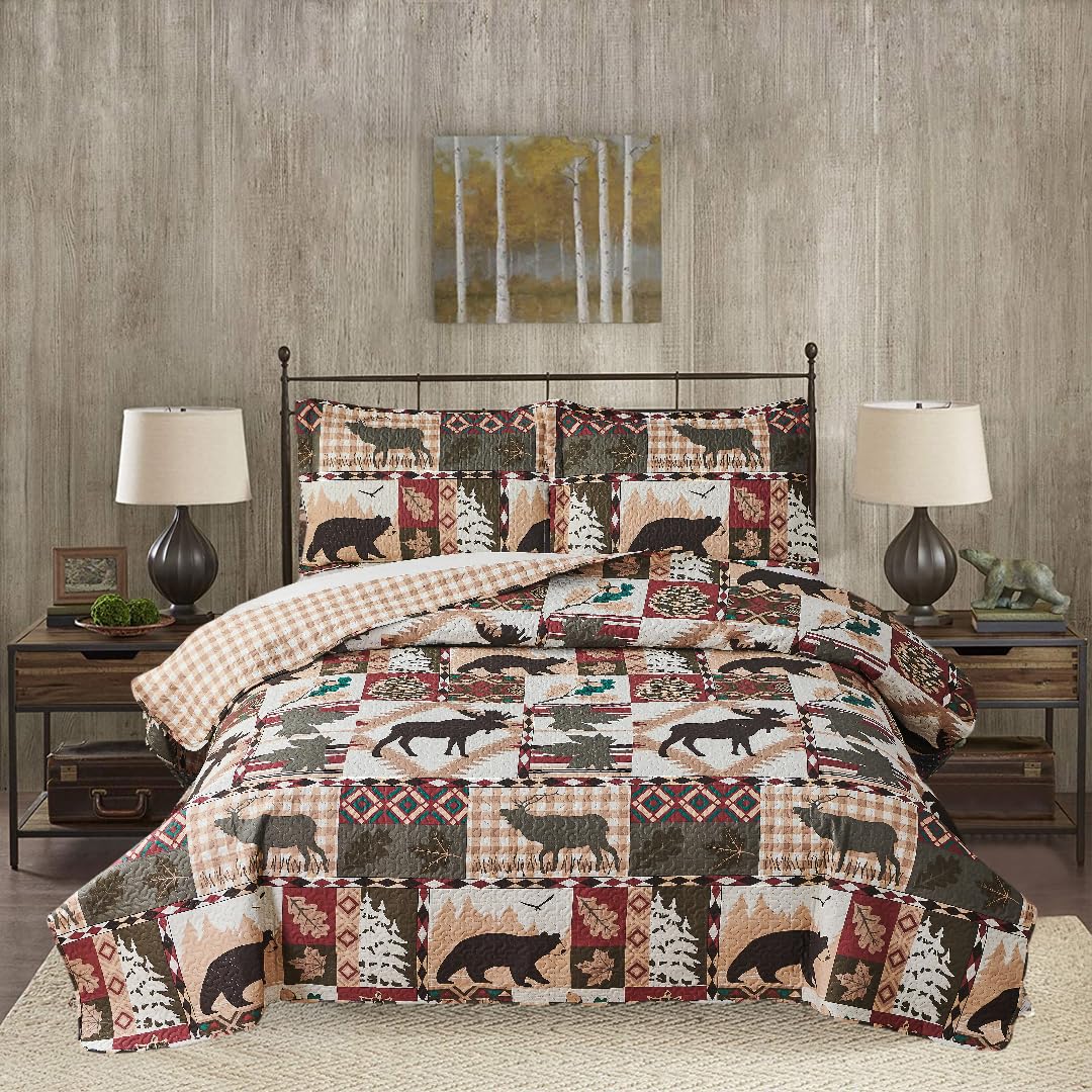 Rustic Moose Quilt Set King Size Lodge Quilt Lightweight Summer Cabin Bedspread Country Bedding Forest Bear Fish Pine Coverlet Daybed Cover Blanket Woodland Home Decor-Brown White BST220