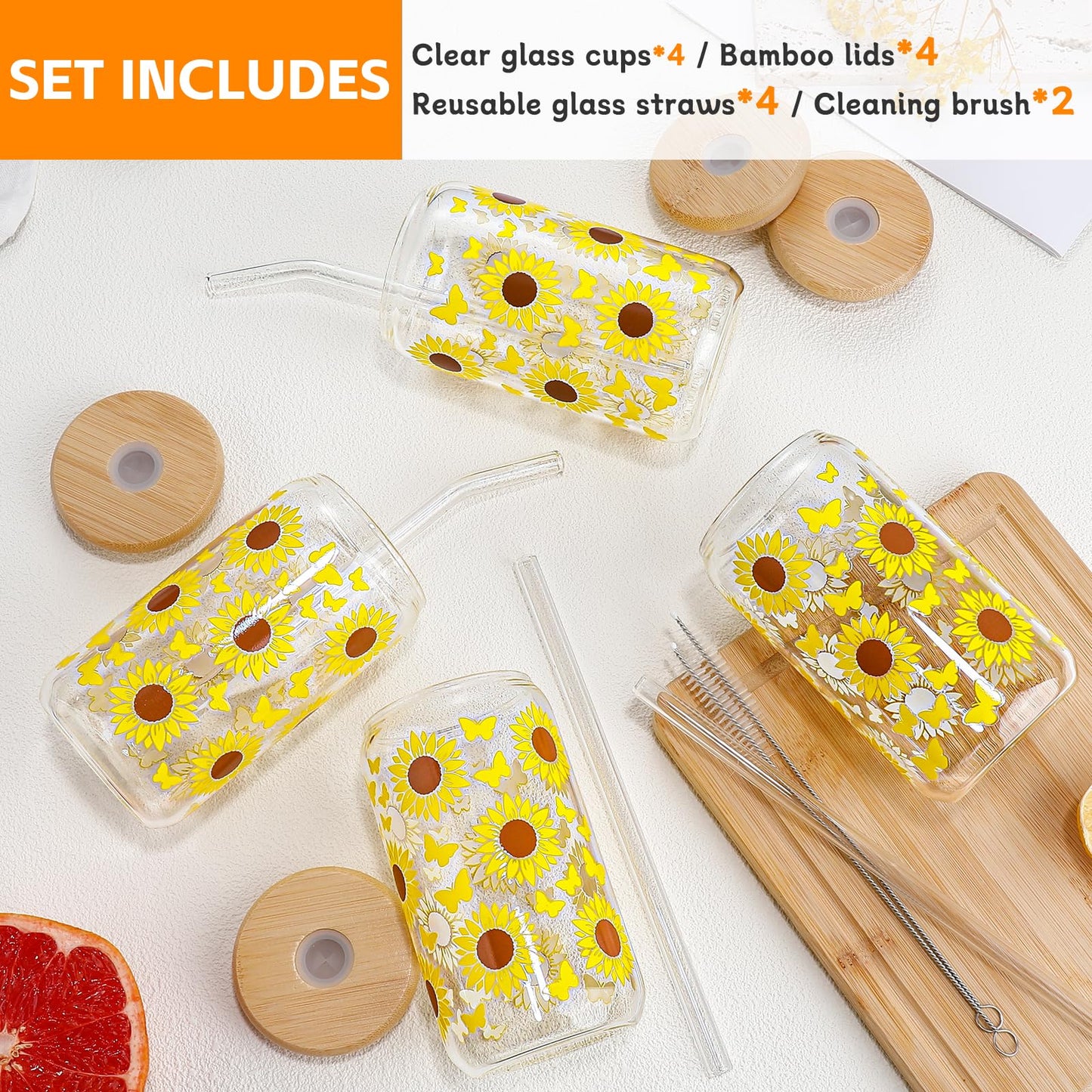 DWTS DANWEITESI Glass Cups “20oz”,Glass Cups with Lids and Straws 4 pcs-Coffee Cups,Drinking Glasses Set,Glass Tumbler with Straw and Lid Gift 2 Cleaning Brushes 600ml BST202