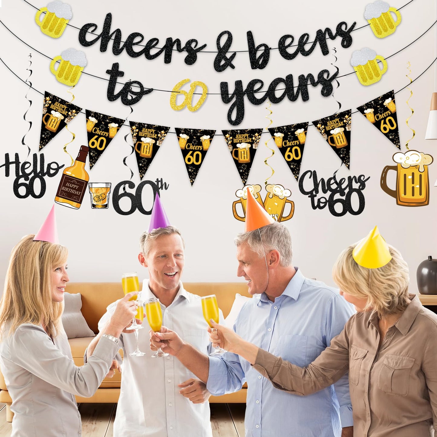 Black Gold 90th Birthday Decorations for Men Women, Glitter Pre-Strung Cheers to 90 Years Banner Hello 90 Hanging Swirls Paper Triangle Flag Banner Decorations Bday Party Supplies Kit WN420