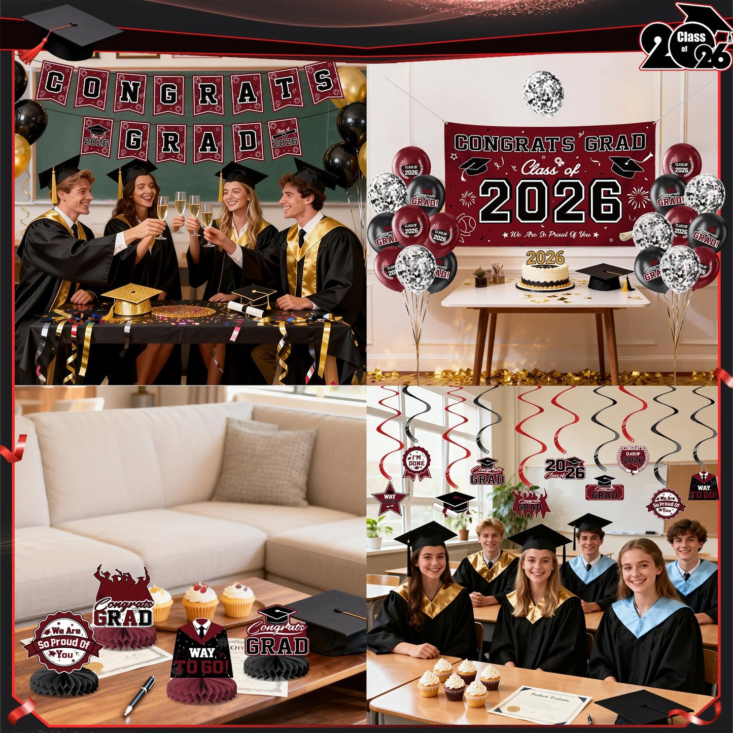 Graduation Decorations 2026-Black and Gold Graduation Party Decorations Supplies Class of 2026 with Graduation Banner, Backdrop, Balloons, Centerpieces, Hanging Swirl for Grad Party BST326H