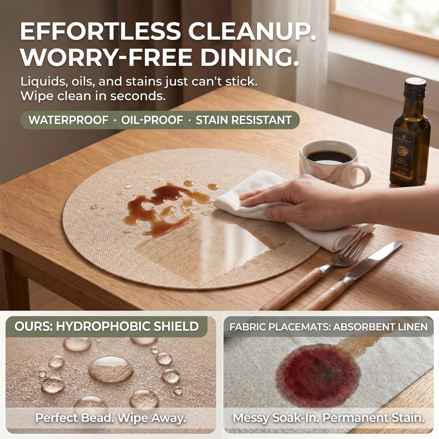 Faux Leather Placemats Set of 6, Wipeable Waterproof Stain Resistant Table Mats, Heat Resistant Thick Placemats with Hand-Painted Edges for Kitchen Dining, Imitative Linen Texture, Various Shapes BST326H
