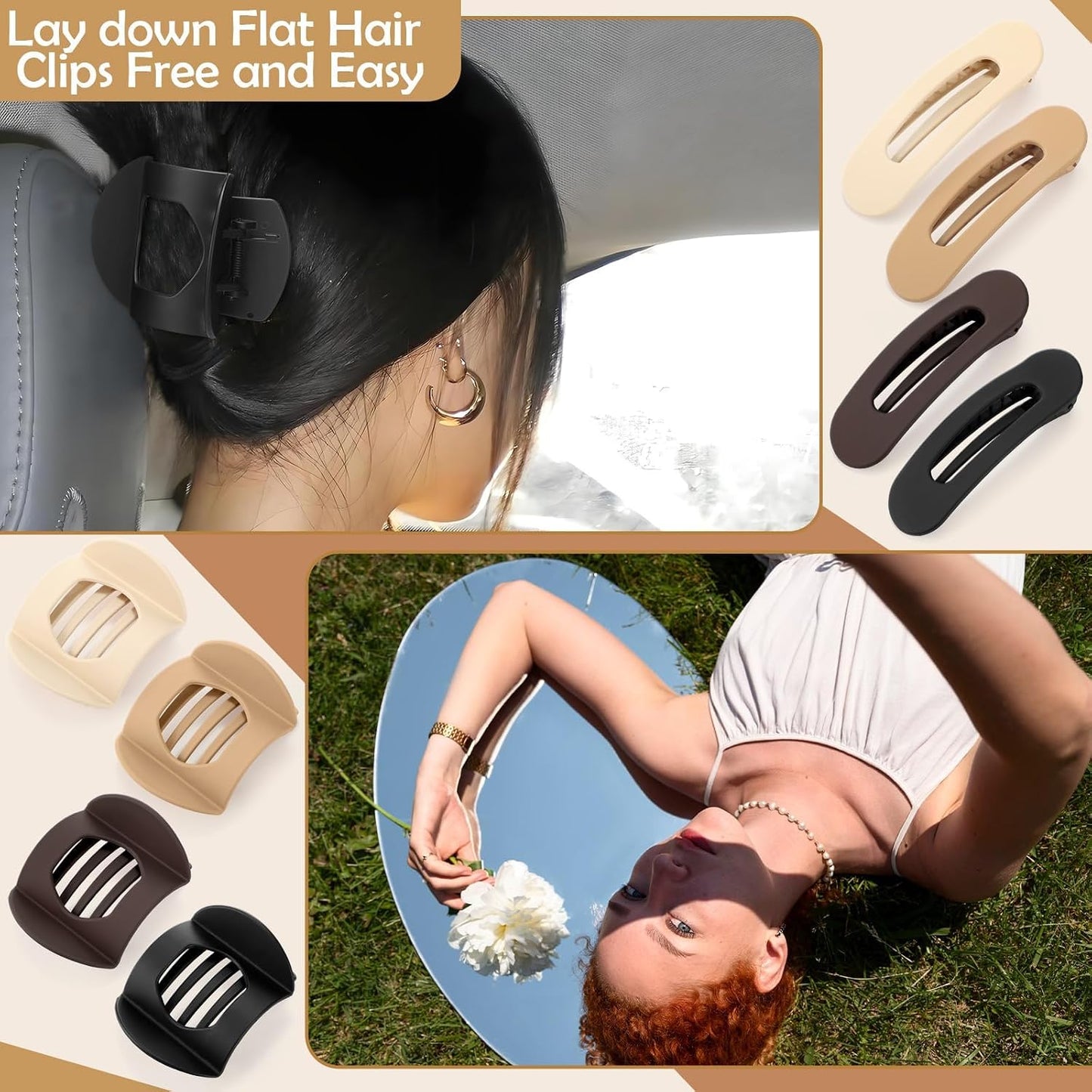 8 Pcs Flat Hair Clips for Women, 2 Styles Large Flat Claw Clips for Women, Strong Hold Non-slip French Hair Clips for Thick Thin Hair, Neutral Color WN420