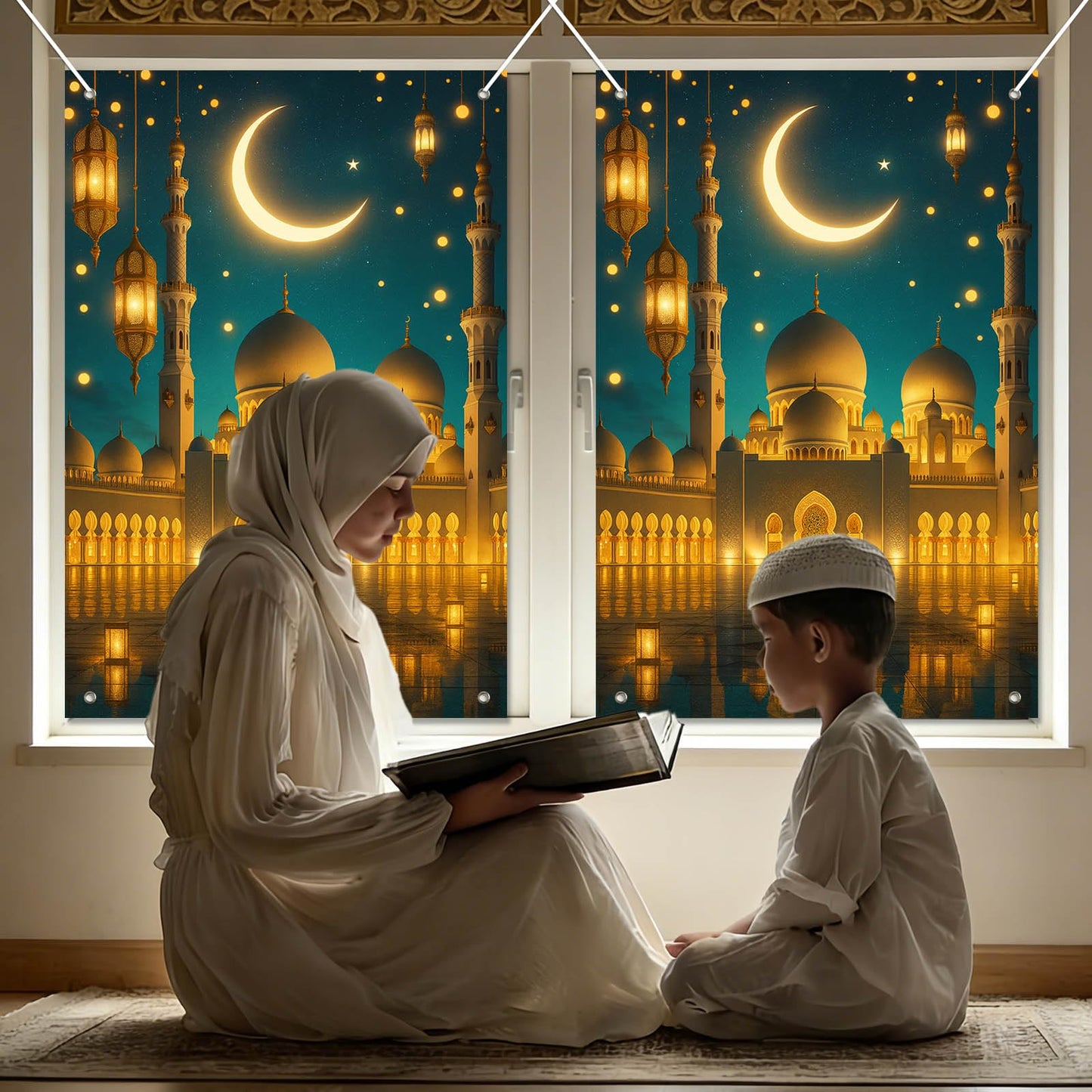HOMETITUTE Eid Ramadan Window Banner Holiday Curtain Backdrop 31x47 Fabric | Mubarak Cover Festival Screen Windows Banner Hanging Living Room Bedroom Home Crescent Moon Star Pattern Design BST326H