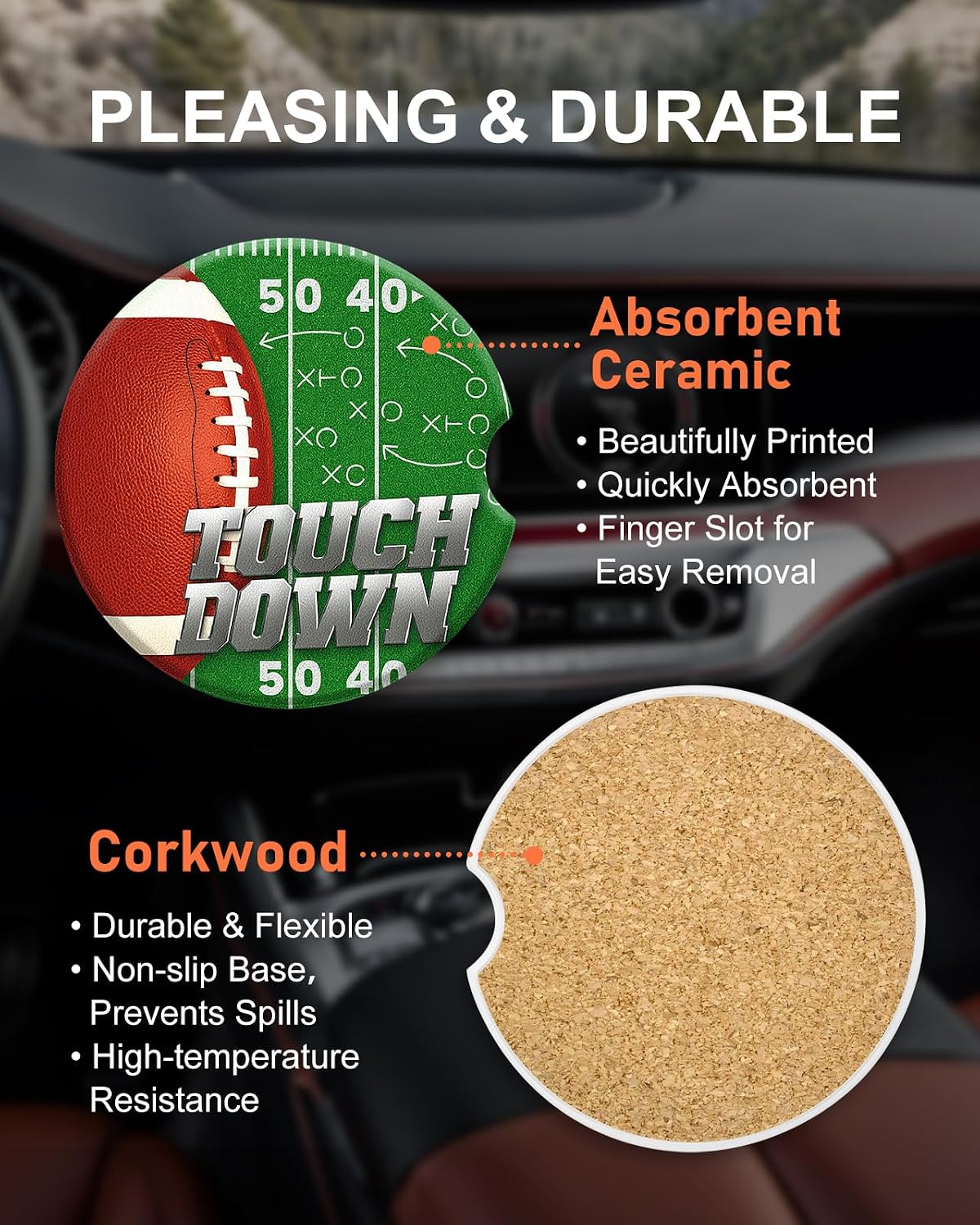 Swooflia Car Coasters for Men - Touch Down Ceramic Car Cupholder Coaster Cool Absorbent Mat Coaster with Cork Base 2 Pack Automotive Cup Holder Accessories New Driver Gifts WN420