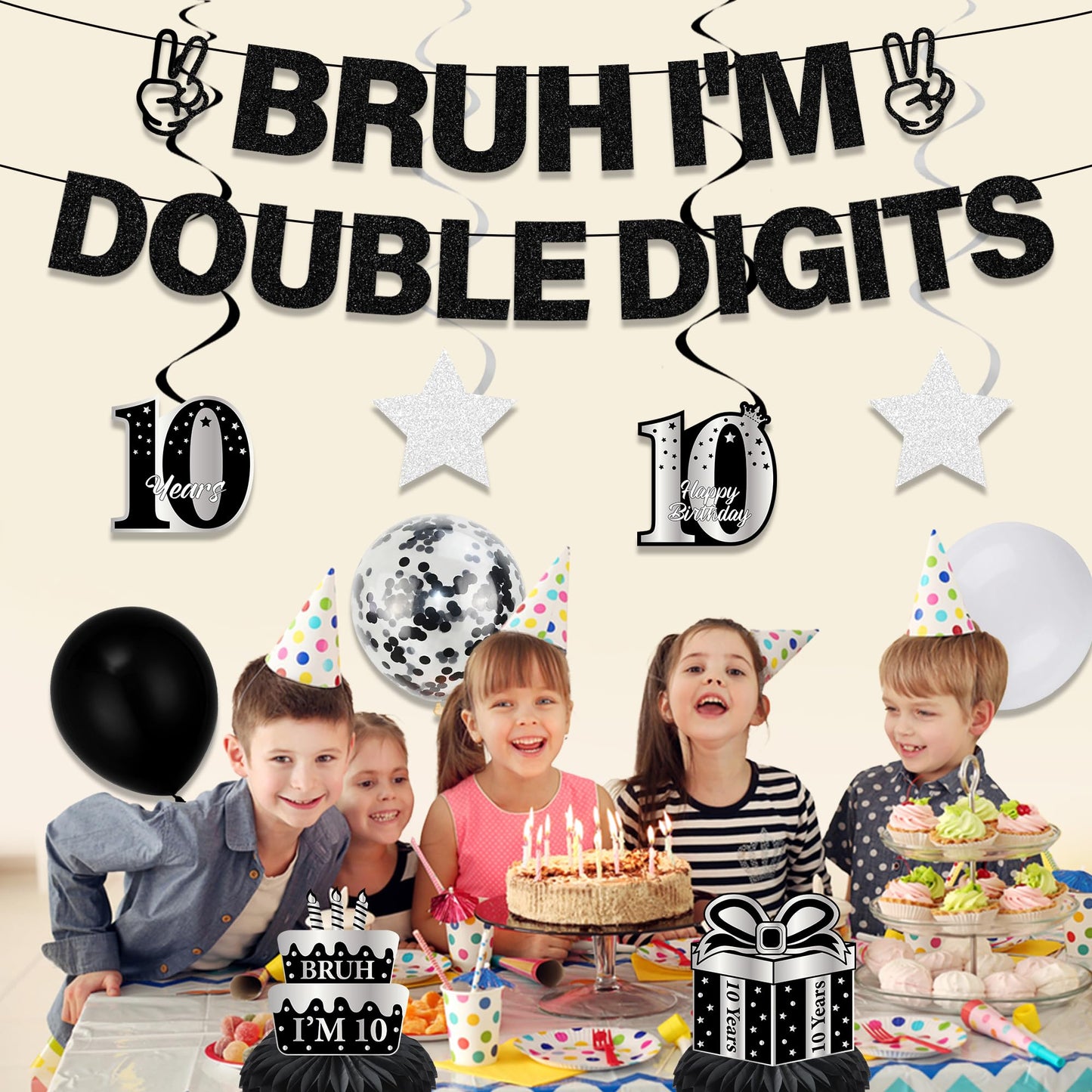10th Birthday Decorations Banner Boys - 11 Pcs Silver Black Bruh I'M Double Digits Banners Hanging Swirls Honeycomb Table Decoration Latex Balloons For Boy 10 Year Old Bday Party Supplies BST220