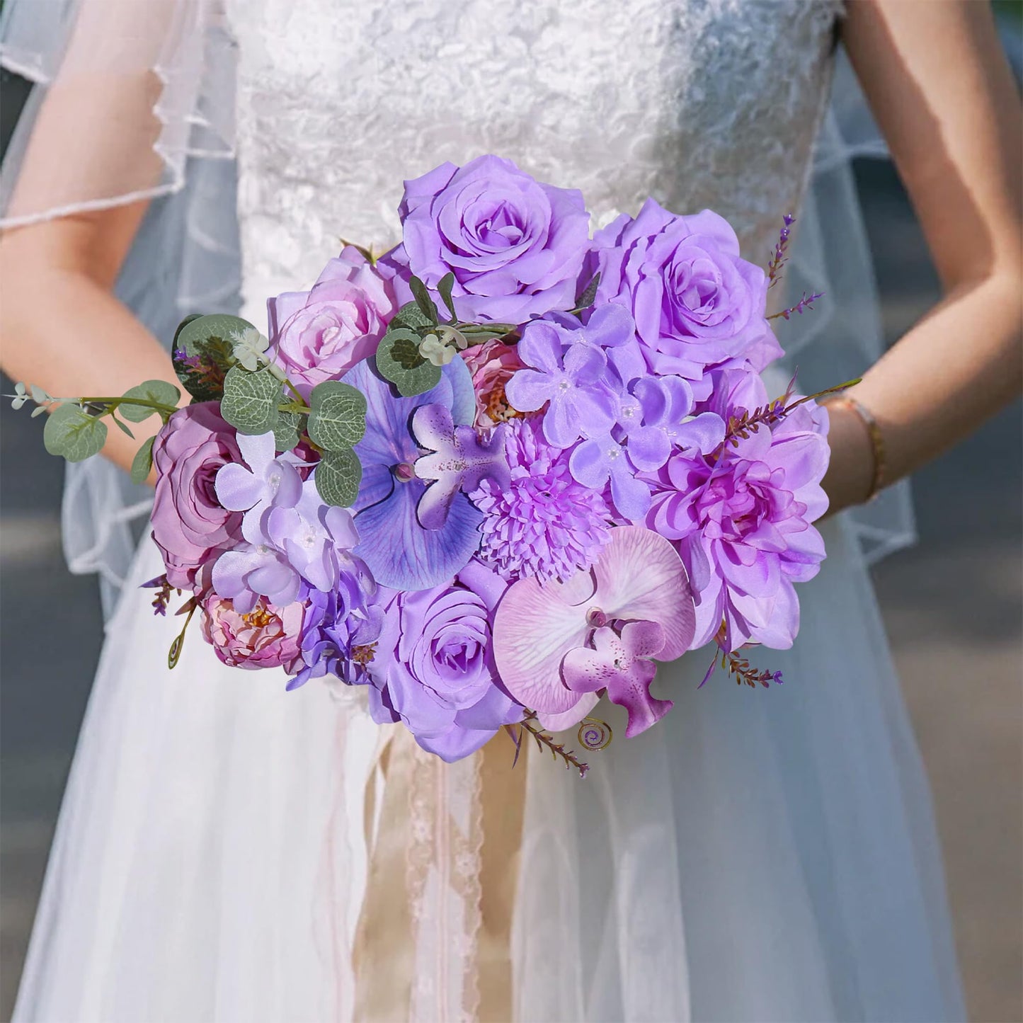 Artificial Flowers for Home Decorations: Purple Silk Fake Flowers Bulk Boxed Set, Peony Roses Bouquets with Stems for Table Centerpiece, DIY Wedding, Bridal Shower, Graduation Cap & Tea Party BST220
