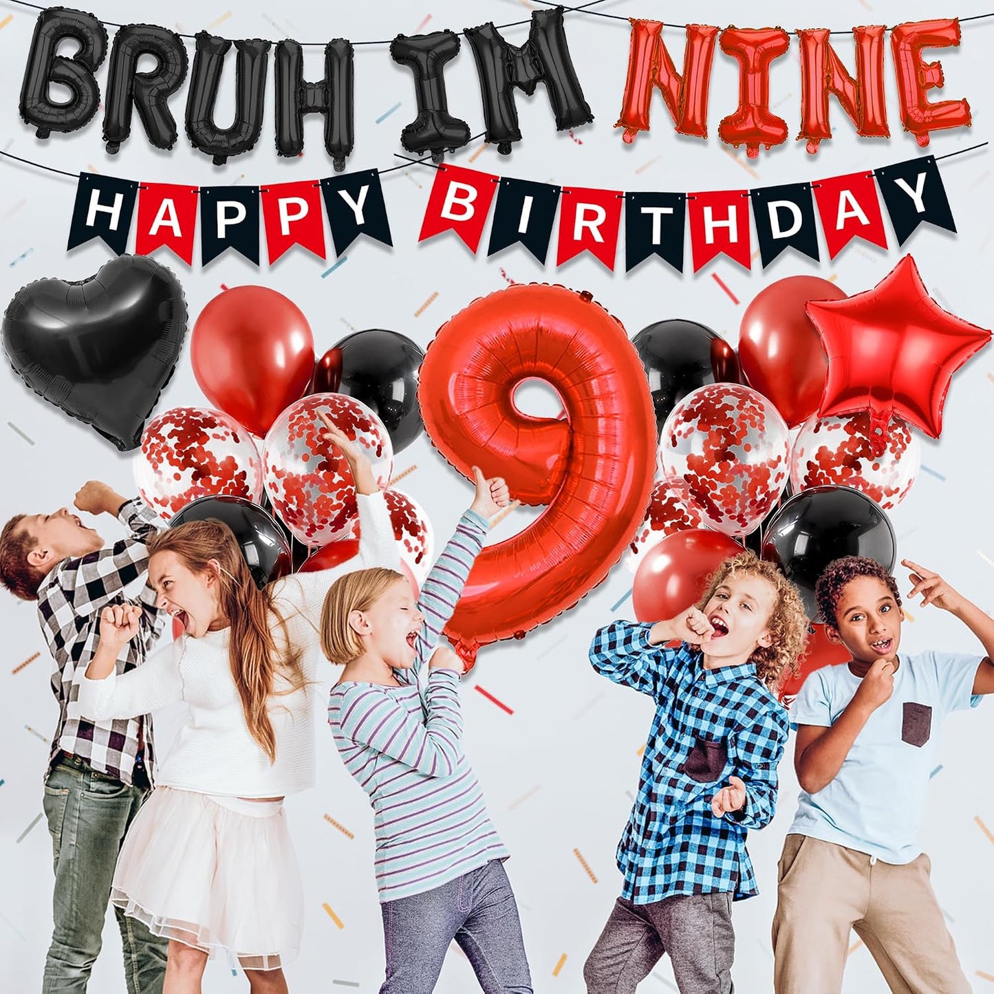 9th Birthday Decorations Boys Kit - 27 Pcs Red and Black Bruh Im Nine Balloon Banners Happy Birthday Fishtail Flags Number 9 Balloon Star Heart Balloons Set for 9 Year Old Party Decoration Supplies BST202