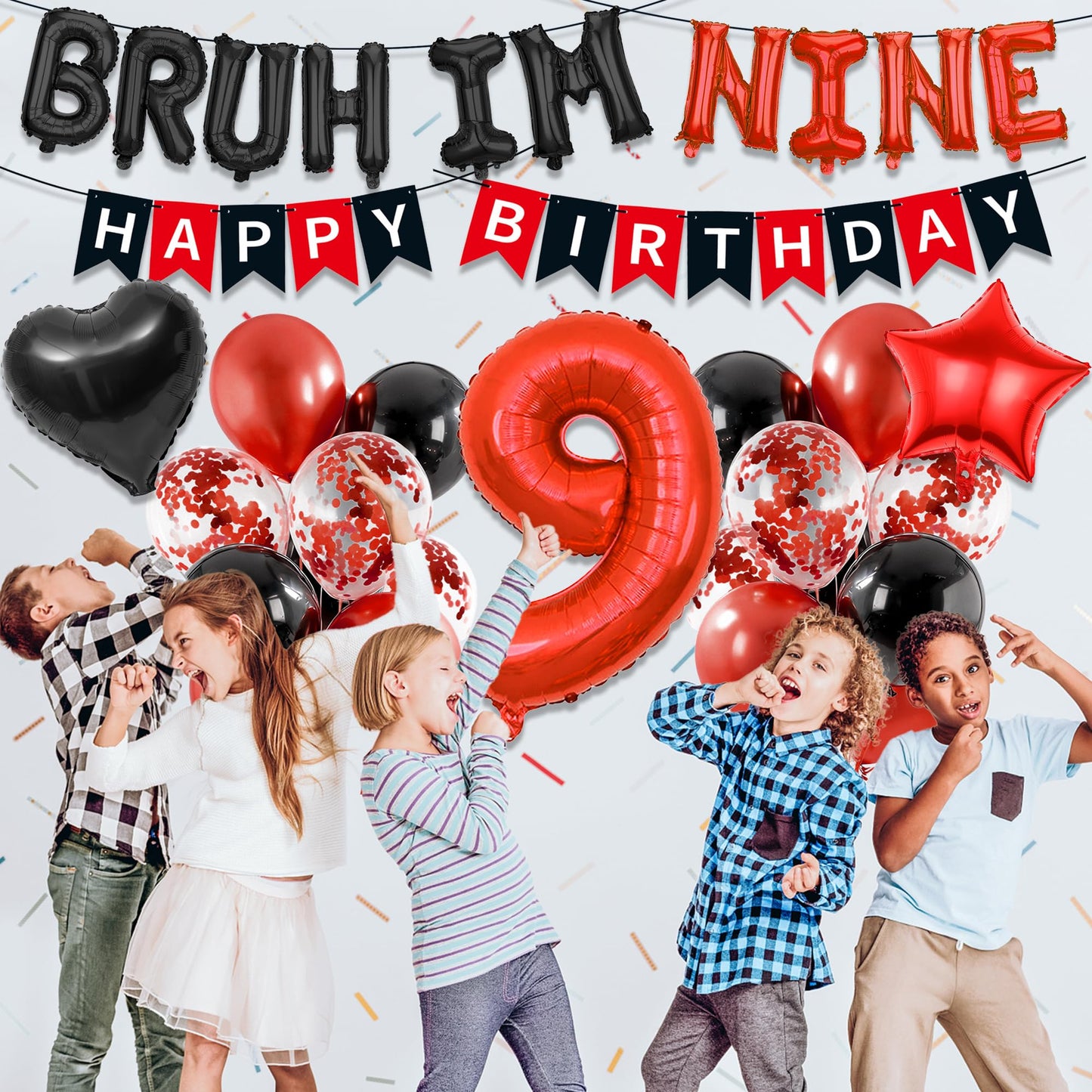 9th Birthday Decorations Boys Kit - 27 Pcs Red and Black Bruh Im Nine Balloon Banners Happy Birthday Fishtail Flags Number 9 Balloon Star Heart Balloons Set for 9 Year Old Party Decoration Supplies BST202