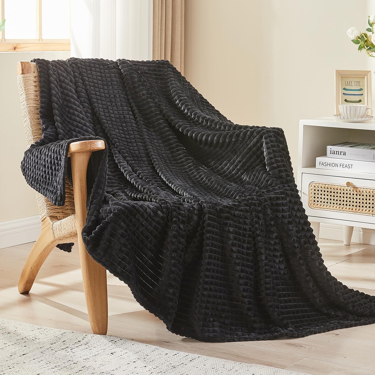 EMME Fleece Blanket, 3D Jacquard Throw Blanket for Couch and Bed, Soft Cozy and Fluffy Blankets Lightweight Luxury Flannel with Waffle Design (Navy Blue, 50" x 60") BST202