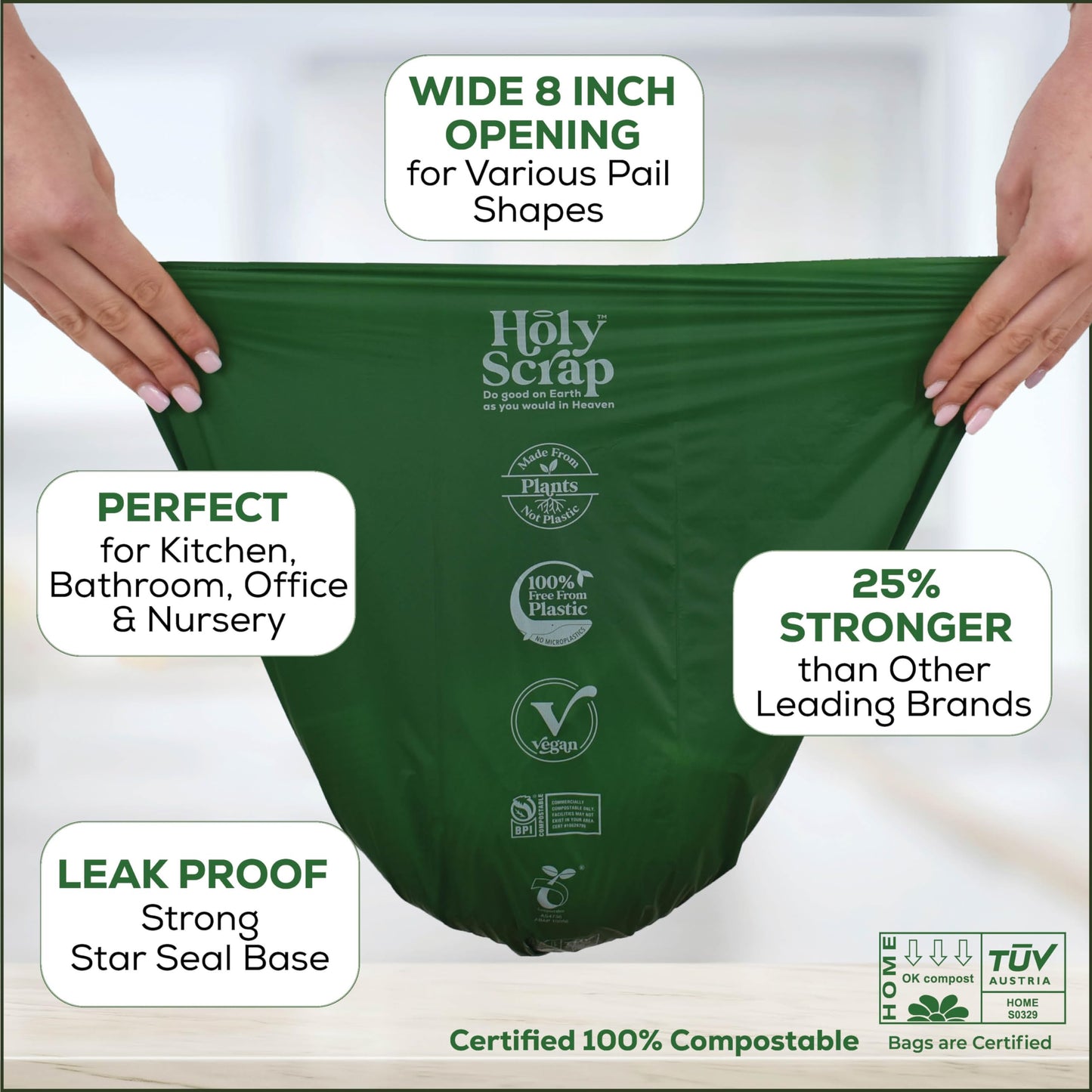Small Compostable Trash Bags - 2.6 Gallon, 100 Pack, 100% Plastic-Free Decomposing Kitchen Food Waste Trash Can Bags & Liners, Thick Countertop Garbage, Bathroom & Bio Bin Bags