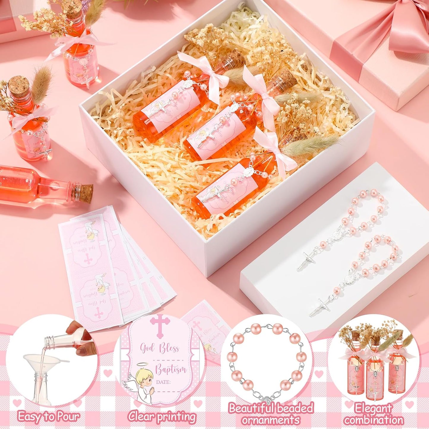 Highergo 50 Set Catholic Holy Water Bottles Cross Rosary Set Baptism Party Favors 50ml Christian Clear Plastic Holy Water Containers Cork Stopper for Church First Communion Wedding Table Newborn(Pink) BST326H