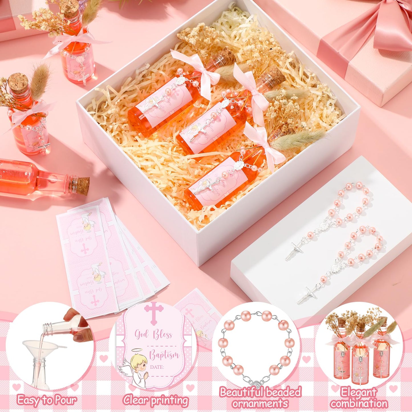 Highergo 50 Set Catholic Holy Water Bottles Cross Rosary Set Baptism Party Favors 50ml Christian Clear Plastic Holy Water Containers Cork Stopper for Church First Communion Wedding Table Newborn(Pink) BST326H