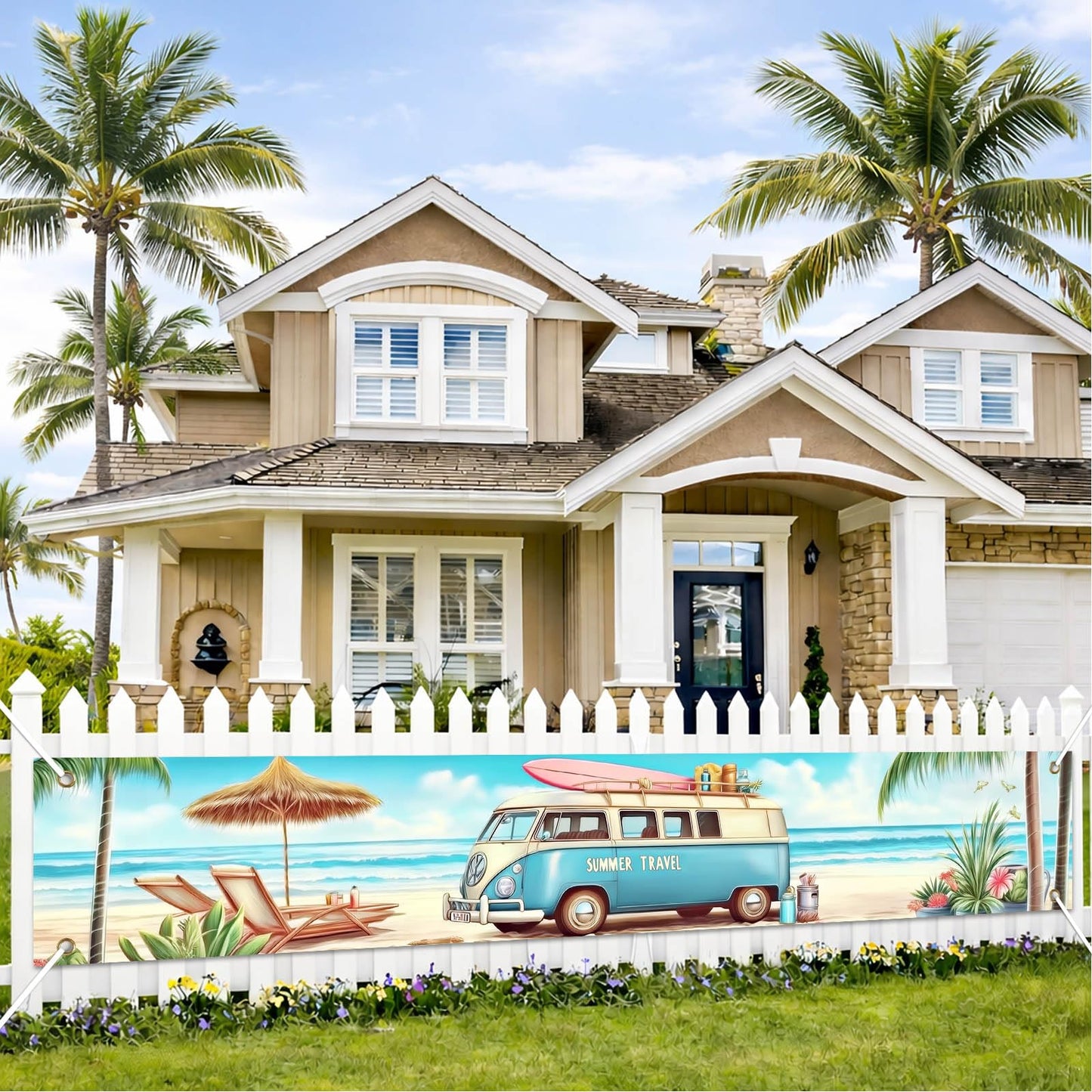 BlissYard Hello Summer Banner 118 x 20 Inch Pool Party Decorations Beach Surfboard Watermelon Tropical Fence Sign Hawaiian Luau Outdoor Backyard Wall Decor BST220
