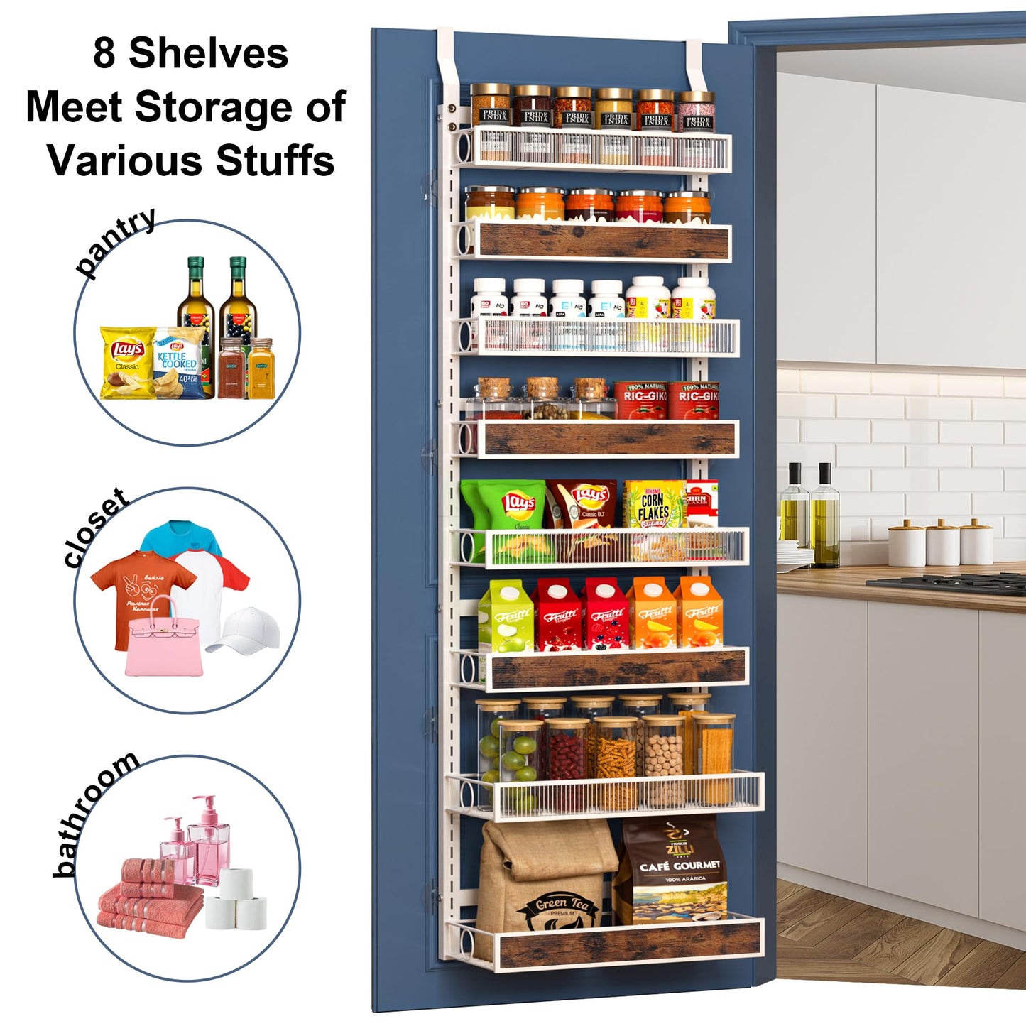 6 Tier Pantry Door Organizer Spice Rack, 2-IN-1 Wall Mount or Hanging Over Door Seasoning Organizer with Adjustable Baskets, Heavy Duty Behind Door Storage Shelves for Pantry, Cabinet and Kitchen BST220