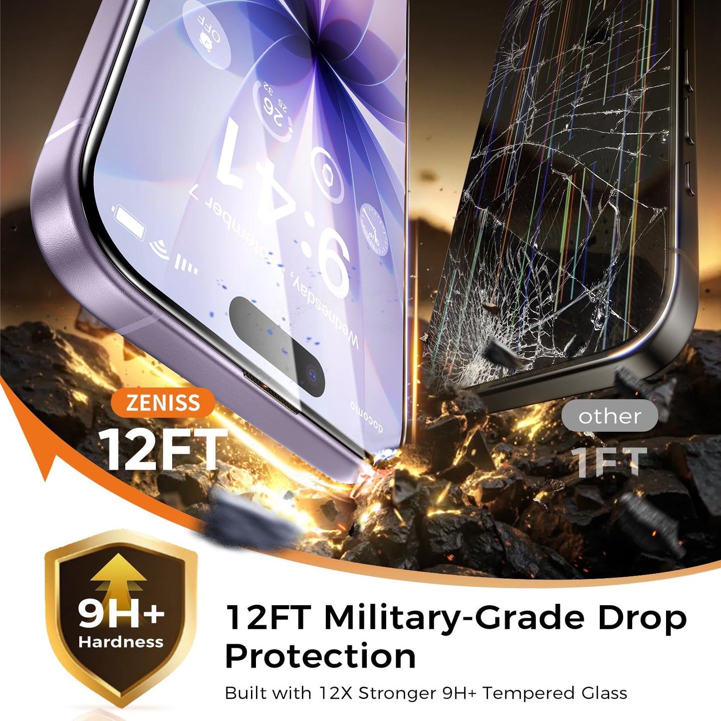 NeverBreak 9H+ Hardness for iPhone 17 Pro Screen Protector 12FT Military Grade Protection (Scratch, Shatter, Drop Resistance) Tempered Glass Full Edge Coverage 6.3" 2025, 2 Pack with De-Bubble Card WN420