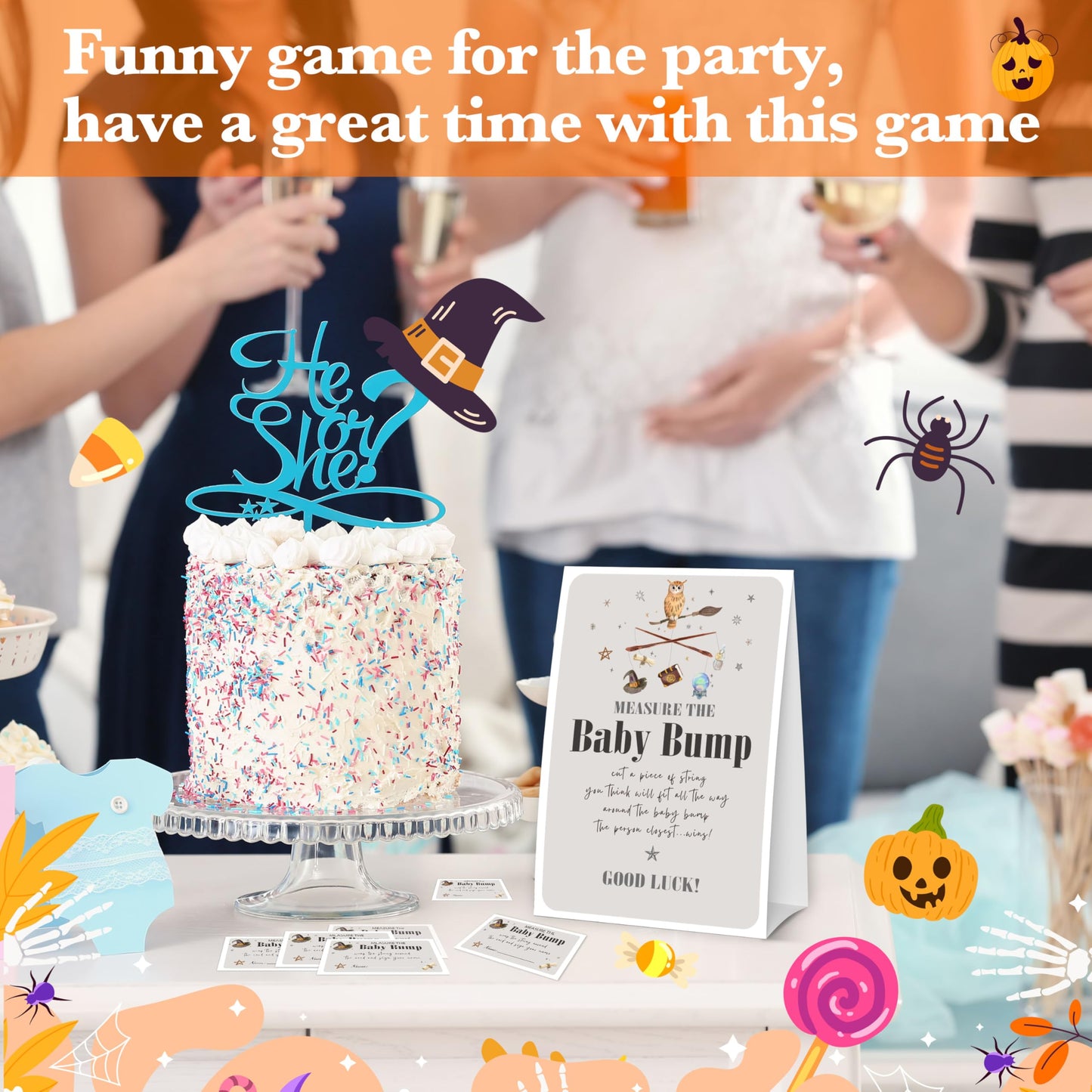 Halloween Baby Shower Measure The Baby Bump, 1 Self-Standing Sign + 50 Tickets for Little Ghost Gender Reveal Announcement Party Favor Supplies - D12 BST326L