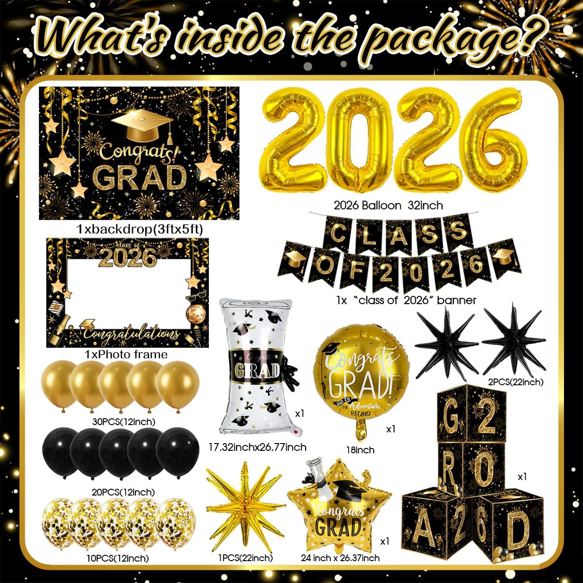 2026 Graduation Decorations Class of 2026 Black and Gold Congrats Grad Balloons,Banner,Backdrop,Photo Booth Props,Cards Boxes Kit for Graduation Party Decorations in Indoor or Outdoor (Graduation) BST326H