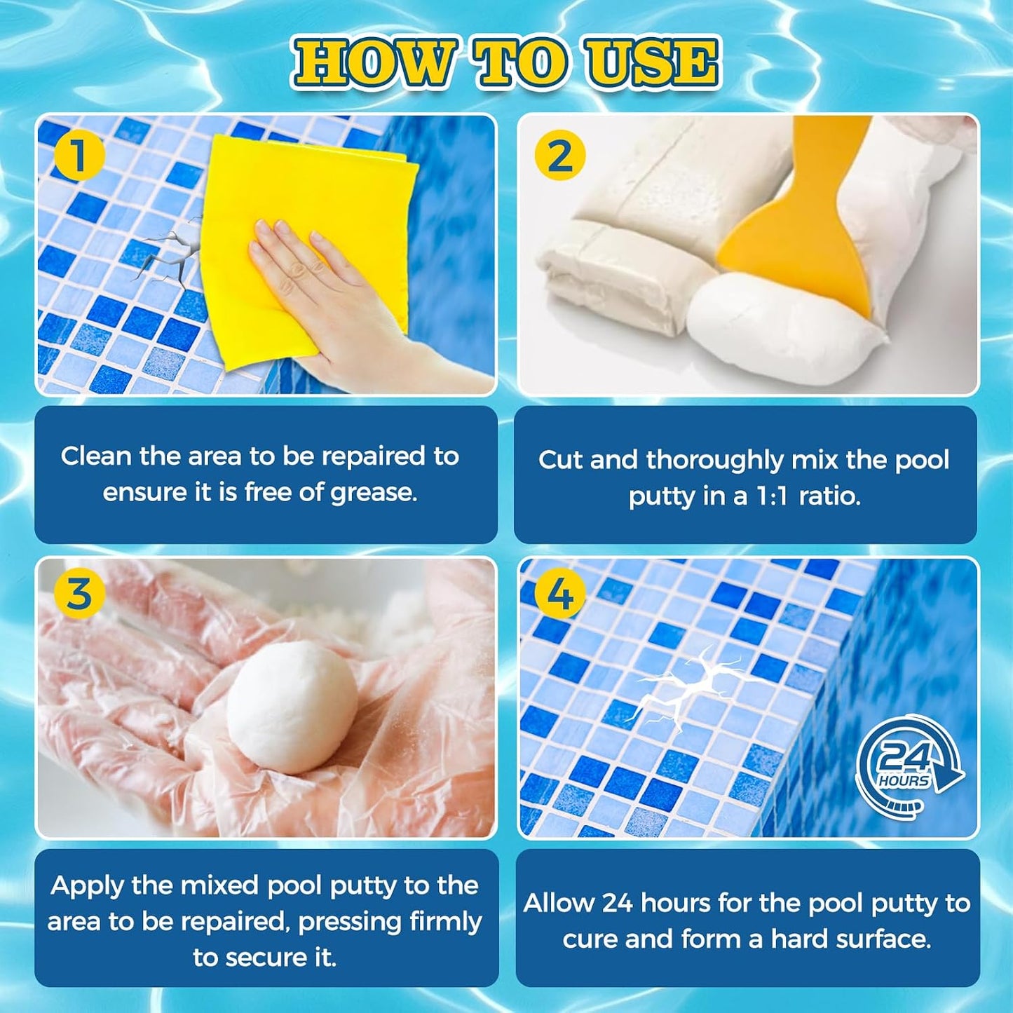 Pool Putty, 2 Part High Strength Epoxy Putty for Underwater or Above Fast Repair Leaks, Cracks, Filling, Pool Putty for Leaks Underwater, Tile, Fiberglass, Concrete, Cement and Other Surfaces BST220