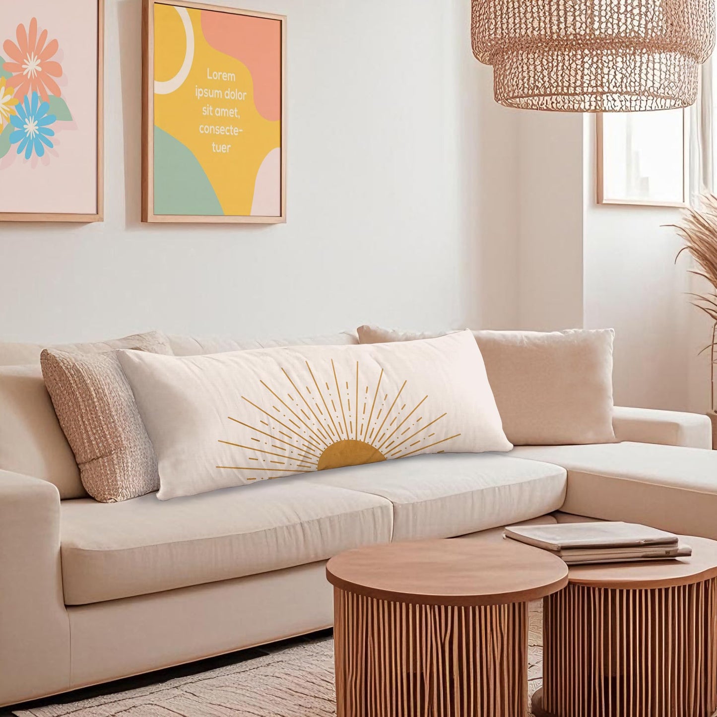 Boho Sun Sunshine 21x54 Body Pillow Cover Case, Modern Neutral Boho Horizontal Sun Sunset Sunrise Decorative Long Hug Pillow Cases for Bed Couch BST220