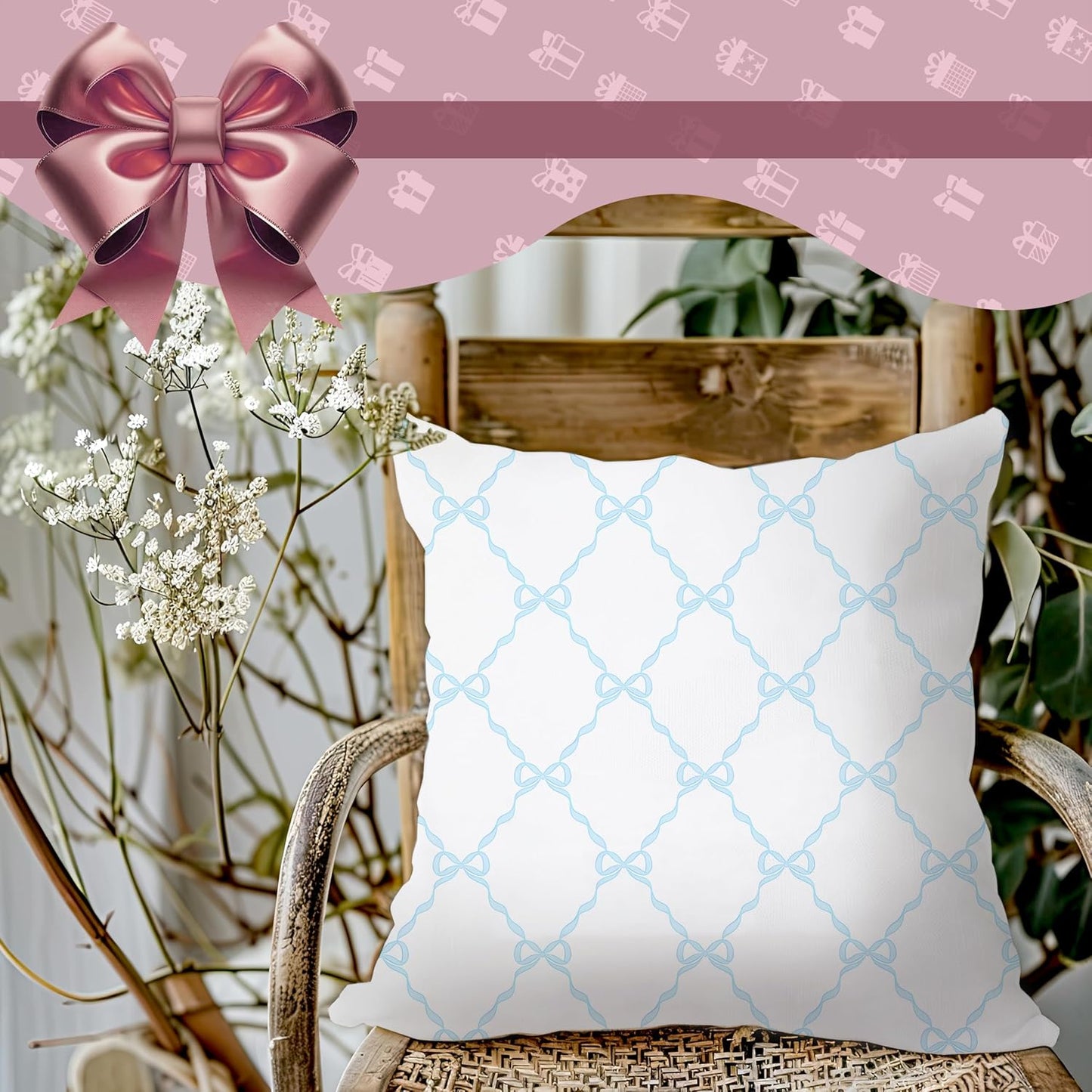 Blue Coquette Bow Pillow Covers 18x18 Double-Sided, Coquette Room Decor,Coquette Stuff, Bow Room Decor， Girly Bedroom Decor BST326L