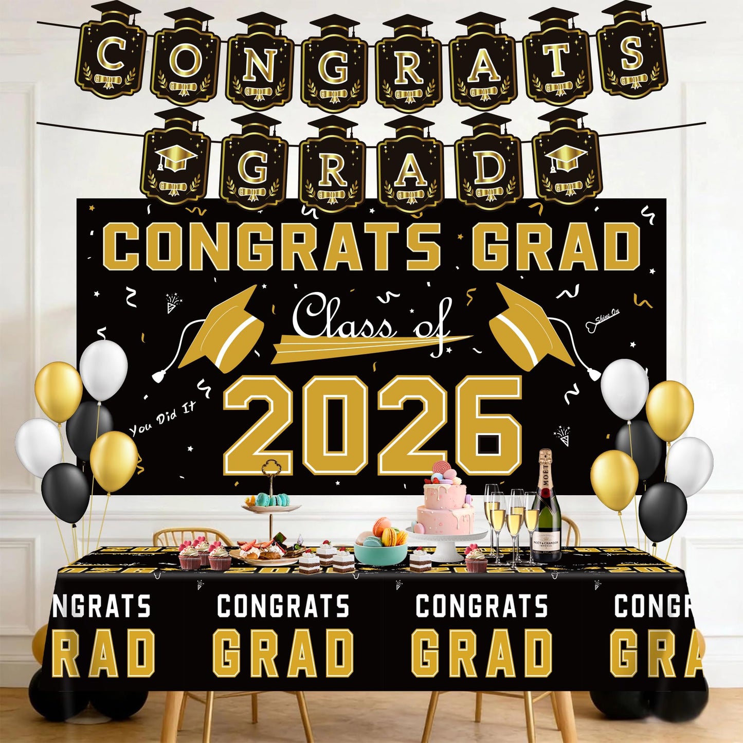 Graduation Decorations 2026 2027 - Red Congrats Grad Banner Backdrop Tablecloth Set - Graduation Decorations Class of 2026 | Graduation Party Favors Supplies WN420