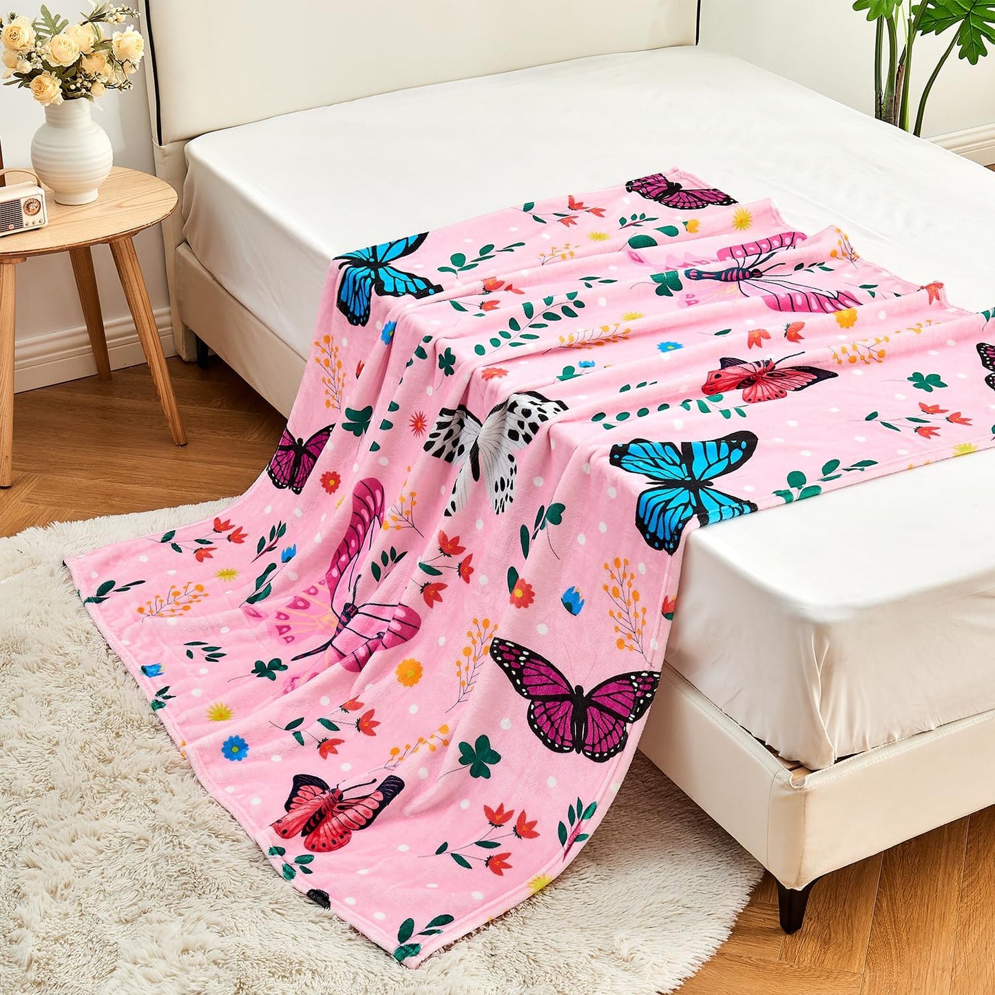 Butterfly Kids Throw Blanket for Girls Teens Toddler Pink Soft Fuzzy Flannel Bed Blanket Colorful Flowers Birthday Gifts for Women Girls Kids Teens Adults, 60”x80” BST326H