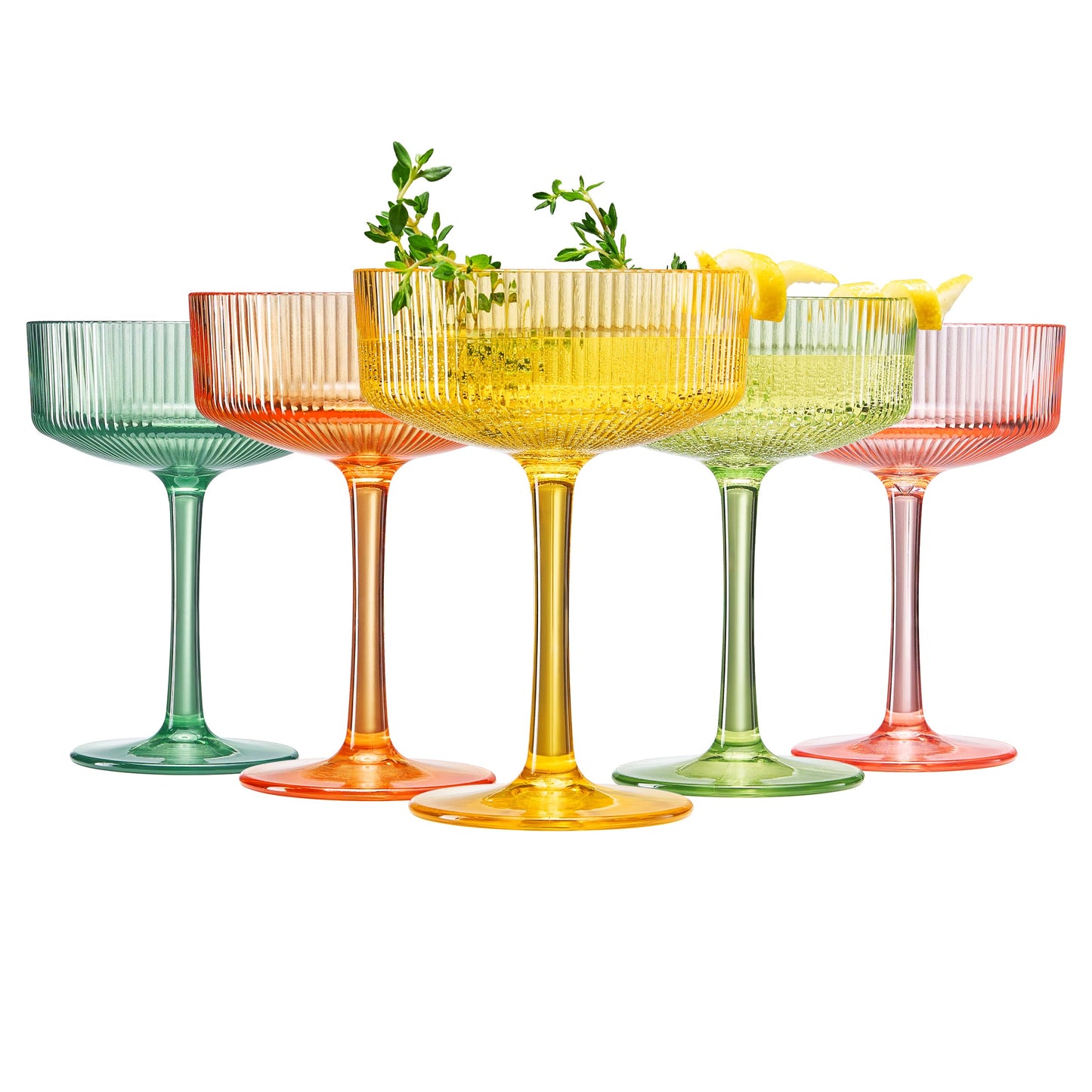 Khen Pink Peach Acrylic Ribbed Coupe Martini Champagne Cocktail Glasses, Set of 4, 8 oz Shatterproof Ripple Stemware European Style Reusable Drinkware Goblets, Indoor Outdoor Parties Weddings Bar Gift BST220