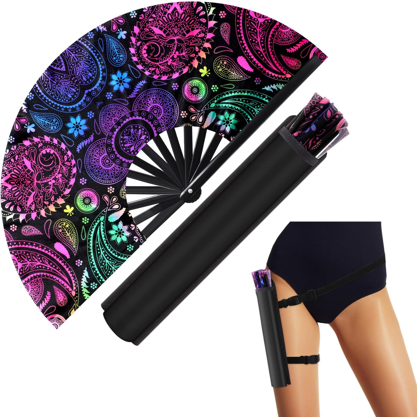 FairySandy Large Rave Fan UV Glow Clack Summer Hand Fan with Thigh Holster for Women Carnival Party Supplies for Carnival Edm Music Festival Club Accessories(Cool Style,Black) WN420