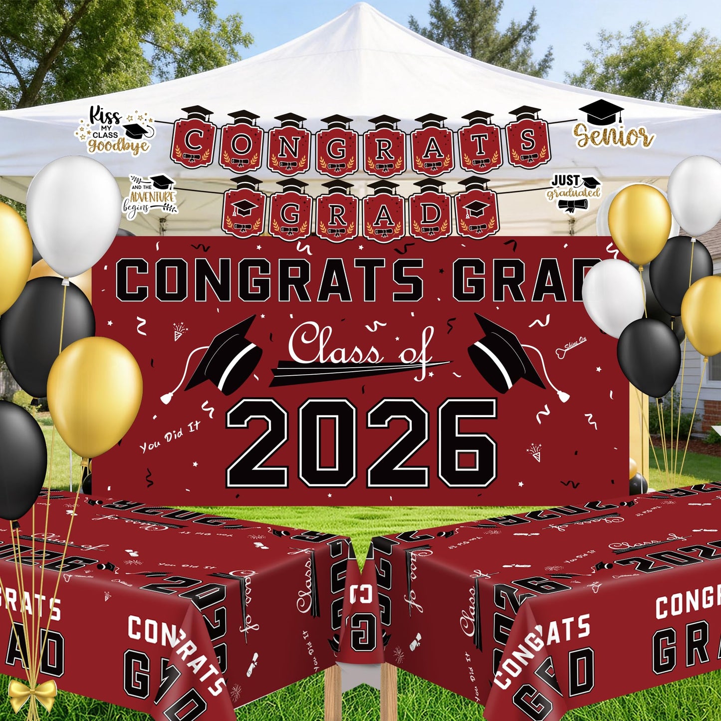 Graduation Decorations 2026 2027 - Red Congrats Grad Banner Backdrop Tablecloth Set - Graduation Decorations Class of 2026 | Graduation Party Favors Supplies WN420