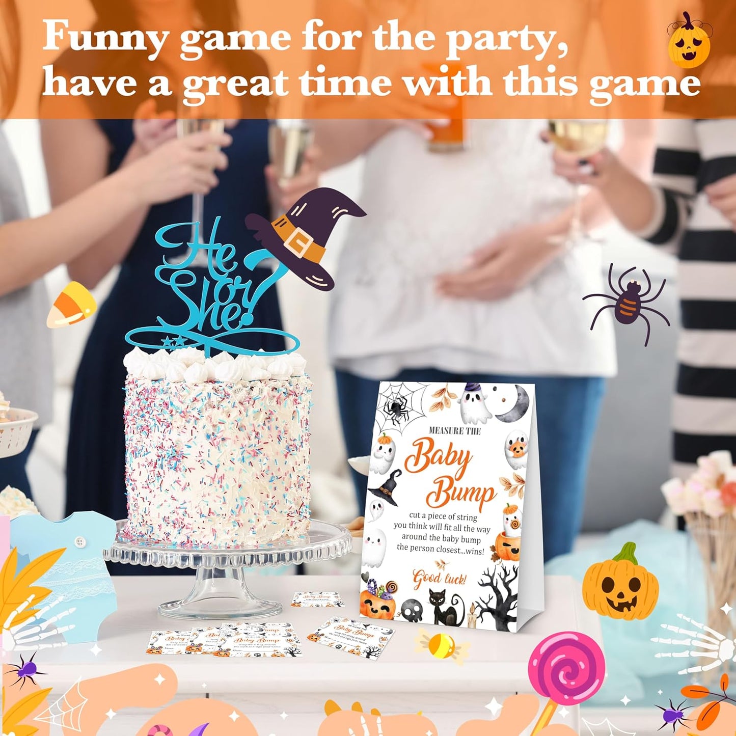 Halloween Baby Shower Measure The Baby Bump, 1 Self-Standing Sign + 50 Tickets for Little Ghost Gender Reveal Announcement Party Favor Supplies - D12 BST326L