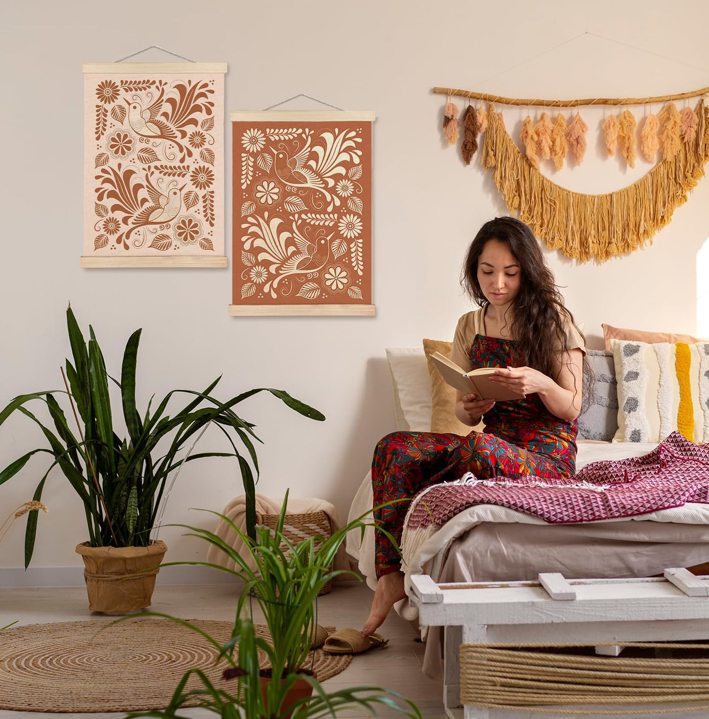 SPBL&L Green Boho Floral Mexican Wall Art, Abstract Flower Poster Hanger Frame, Burnt Orange Terracotta Botanical Hanging Canvas Pictures Prints Wall Decor for Home Bedroom, 12x16 Inch Set of 2 BST202