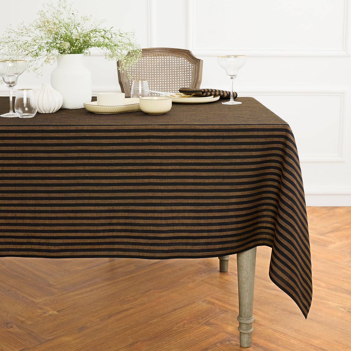 Solino Home 100% Linen Table Cloth, Throw, 52 x 52 in, Coral, Amalfi Stripe | Striped Linen Tablecloth a neat topper for bistro, card and side tables | Coral and White | Pure Linen | OEKO-TEX Certified BST326SOLH