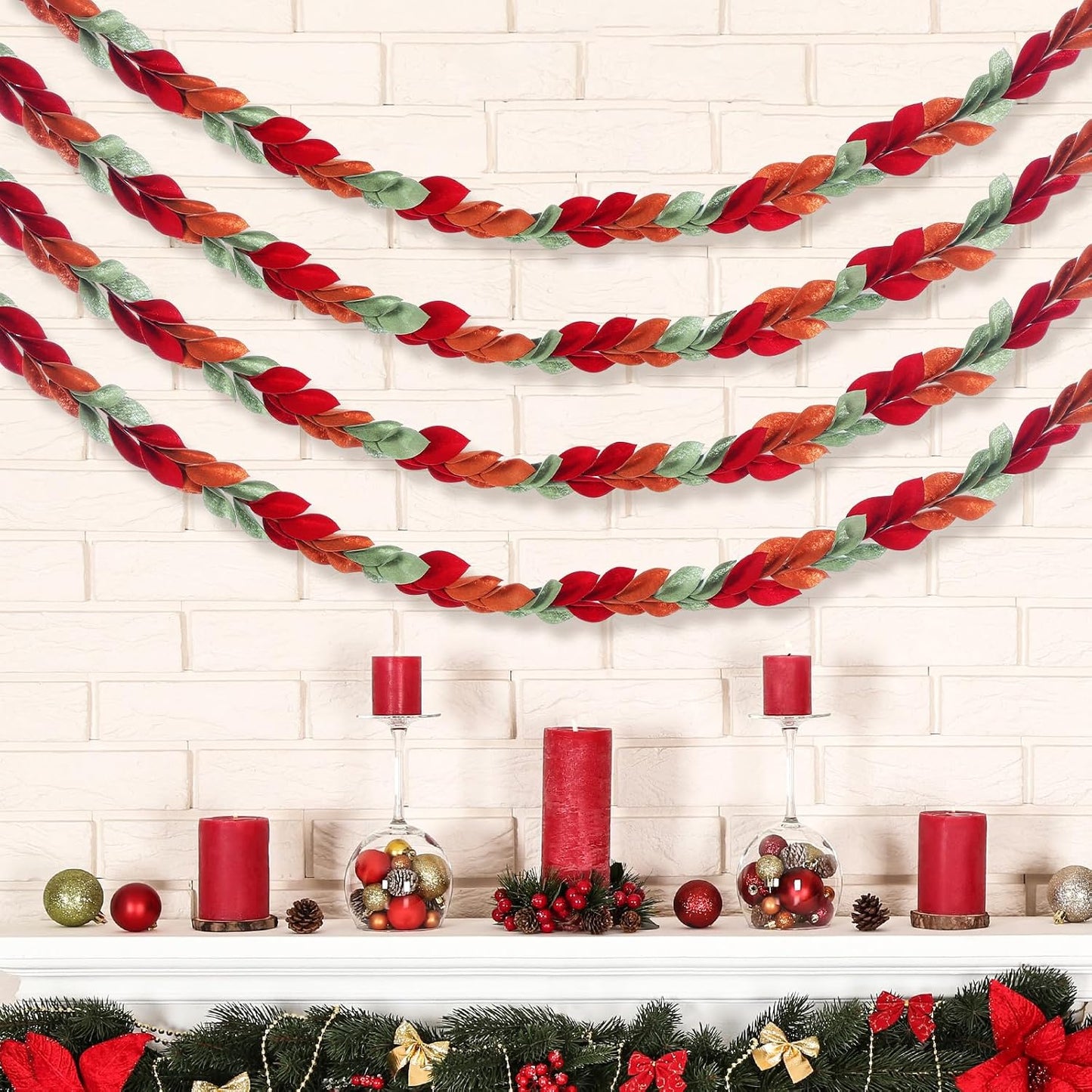 Suncalla 6 Pcs 72" Red Felt Garland Leaves Decorations for Home, Tree Felt Garland, New Year 540 Red Green Leaves Banner, Fall Rattan for New Year Themed Party, Mantel Wall Home Decoration WN420