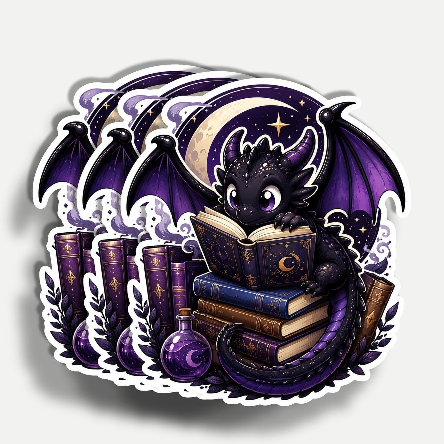 (3Pcs) Dragon Reading Book Sticker 3 Inch, Bookish Stickers, Water Assistant Dragon Fantasy Stickers Waterproof Vinyl Decal for Water Bottle Laptop, Car, Phone, Book, Tumblers BST202