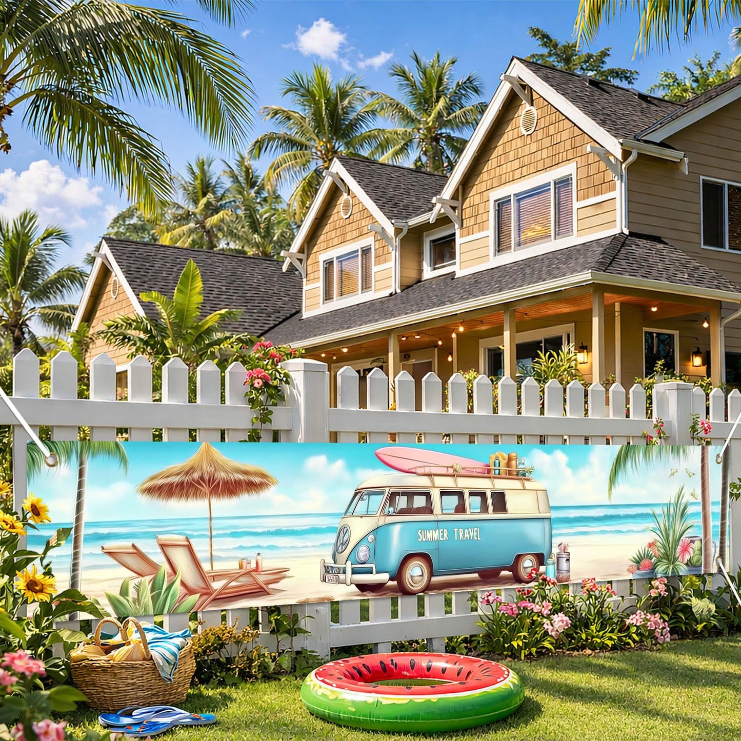 BlissYard Hello Summer Banner 118 x 20 Inch Pool Party Decorations Beach Surfboard Watermelon Tropical Fence Sign Hawaiian Luau Outdoor Backyard Wall Decor BST220