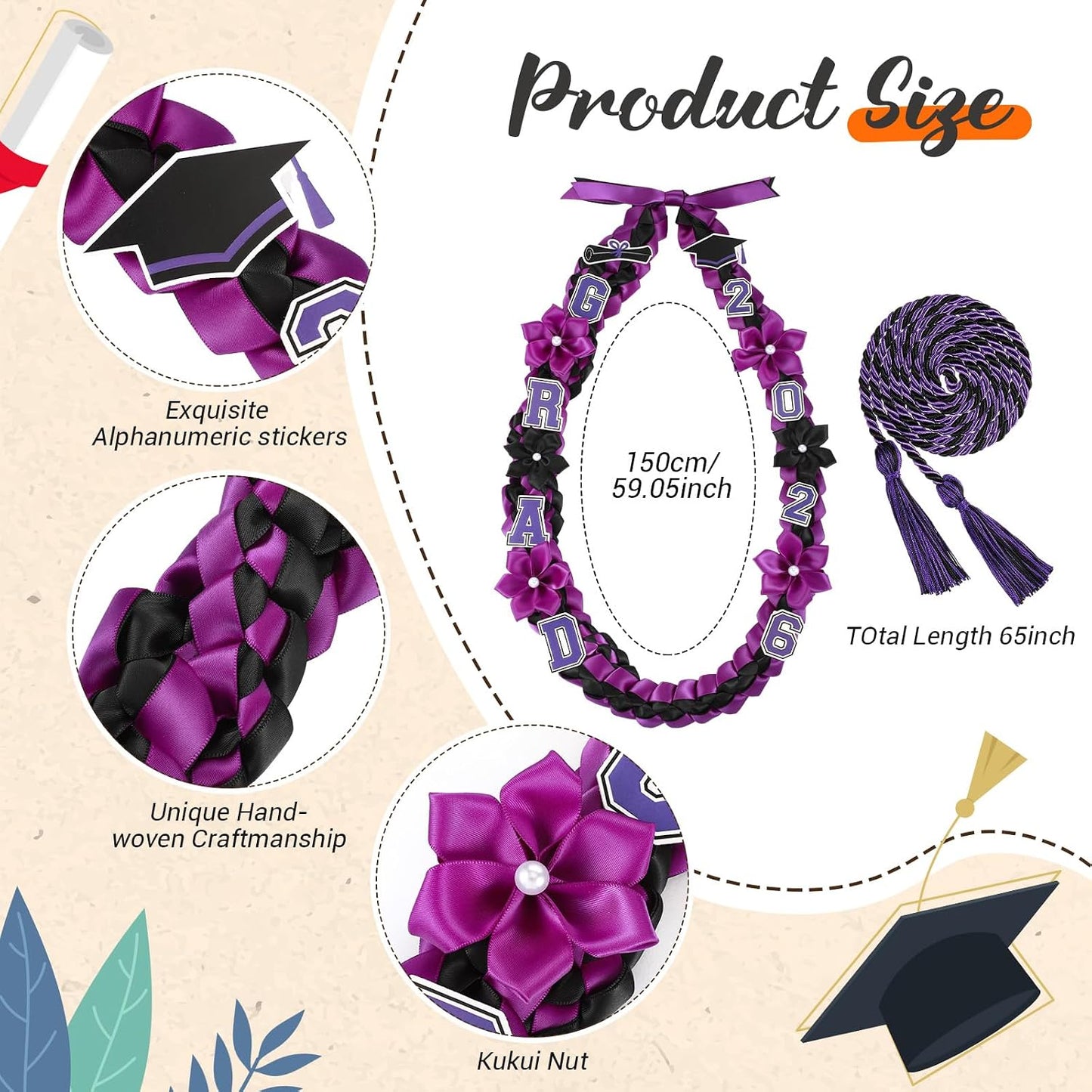 Thiccywoov Graduation Ribbon Lei Class of 2026 Grad Lei Kit Graduation Double Braided Necklace with Honor Cord for Graduate Women Men High School College Grad Party Supplies(Purple, Black) BST326H