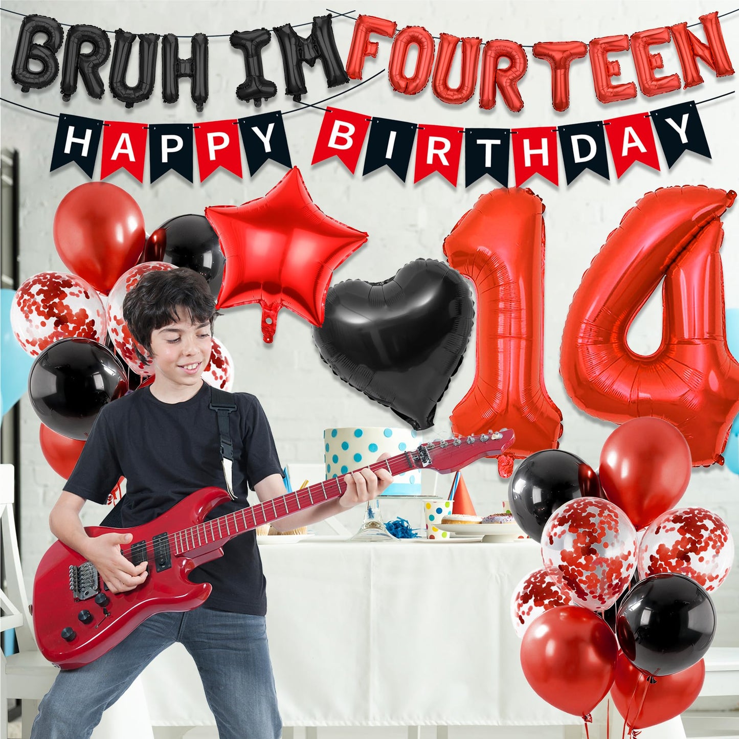 9th Birthday Decorations Boys Kit - 27 Pcs Red and Black Bruh Im Nine Balloon Banners Happy Birthday Fishtail Flags Number 9 Balloon Star Heart Balloons Set for 9 Year Old Party Decoration Supplies BST202