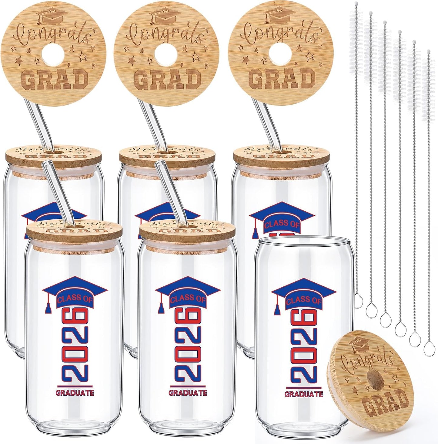 6 Pcs Red and Blue Class of 2026 Graduation Gifts Graduation Glass Cup with Lids Straw 16oz Congrats Grad Coffee Mugs for Her Him Men Women Middle & High School College Tumbler Party Favor BST326H