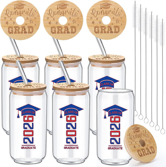 6 Pcs Red and Blue Class of 2026 Graduation Gifts Graduation Glass Cup with Lids Straw 16oz Congrats Grad Coffee Mugs for Her Him Men Women Middle & High School College Tumbler Party Favor BST326H