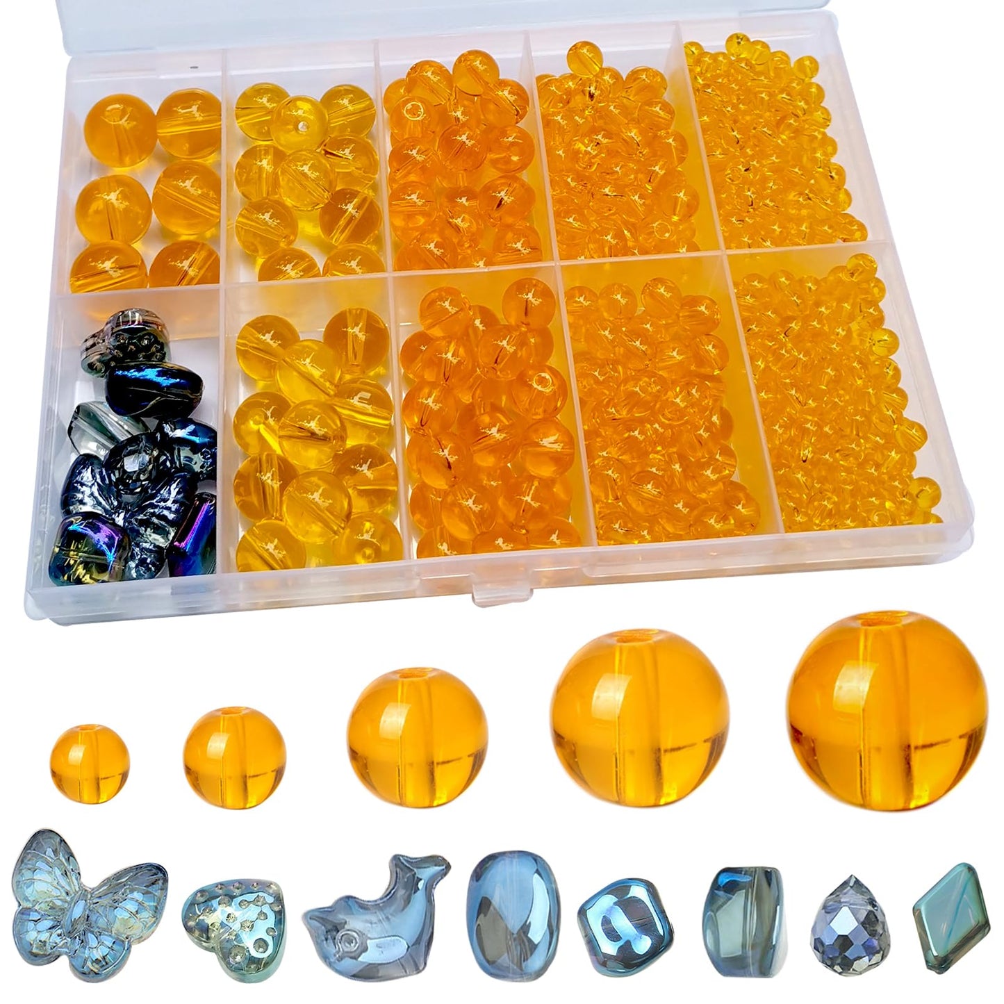 476pcs Orange Round Crystal Glass Beads (4/6/8/10/12mm) with 8pcs Charming Pendants for Jewelry Making, Smooth Round Glass Spacer Loose Beads for Crafts Bracelets Necklaces Charms BST220