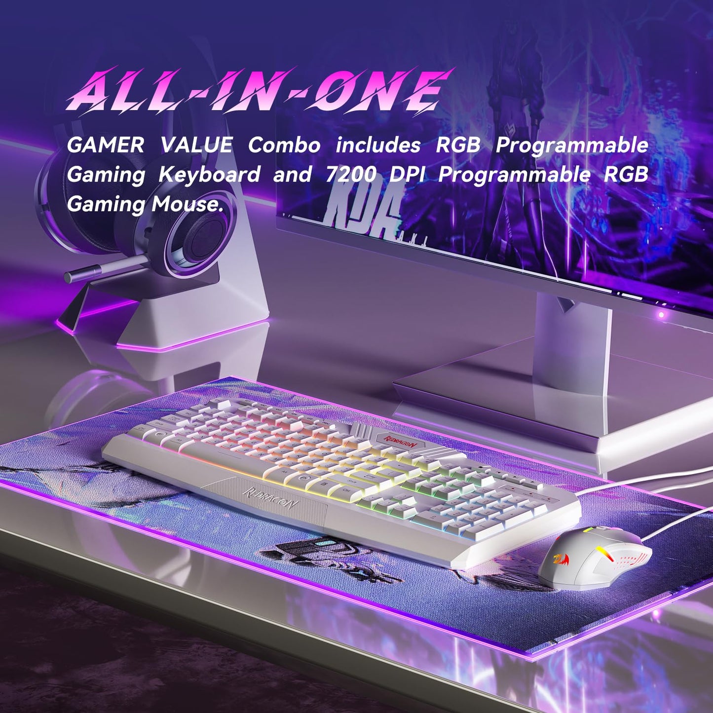 Redragon Updated Programmable Gaming Keyboard and Mouse, RGB Backlit Keyboard Mouse with Software, Independent Macro Record Keys, Value Combo Set, White - S101-3 PRO