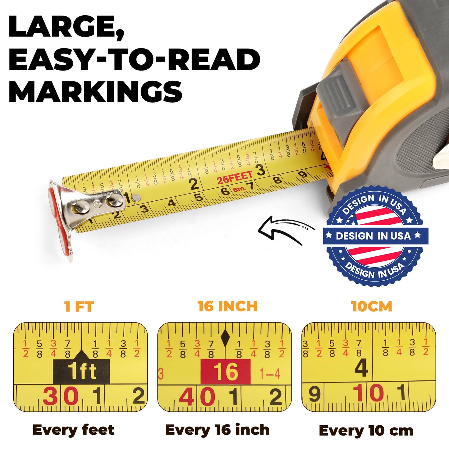 MulWark 25ft Metric Tape Measure, Measuring Tape Retractable, Easy Read Measurement Tape Both-Side Metal Blade, Magnetic Hook & Shockproof Case for Construction, Carpenter, Architect, Woodworking