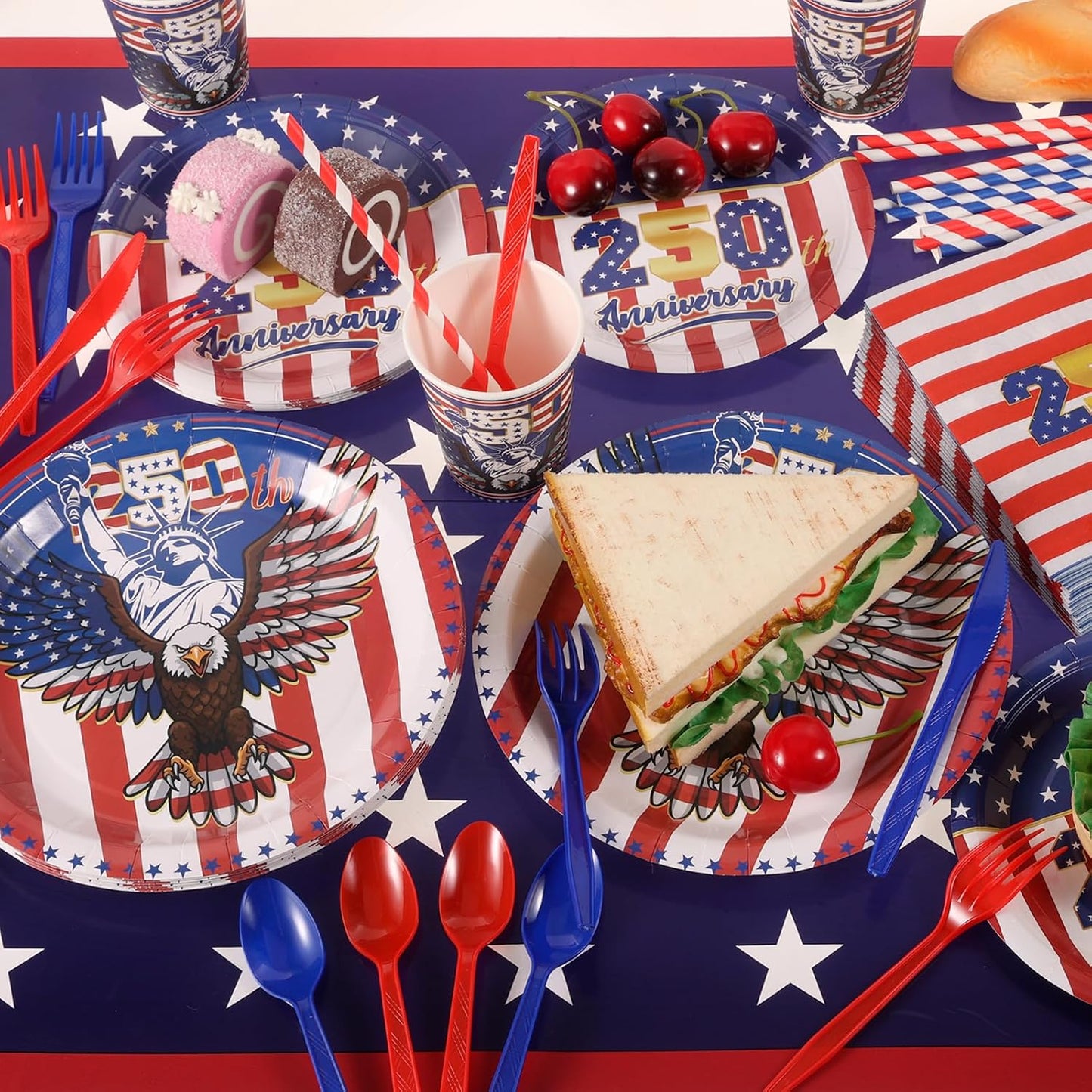 HOWAF 105pcs 4th of July 250 Years of Freedom Tableware Set, Patriotic USA 1776-2026 Anniversary Dinnerware for Independence Day, Fourth of July Party Decor, America 250th Birthday Party Supplies BST326H