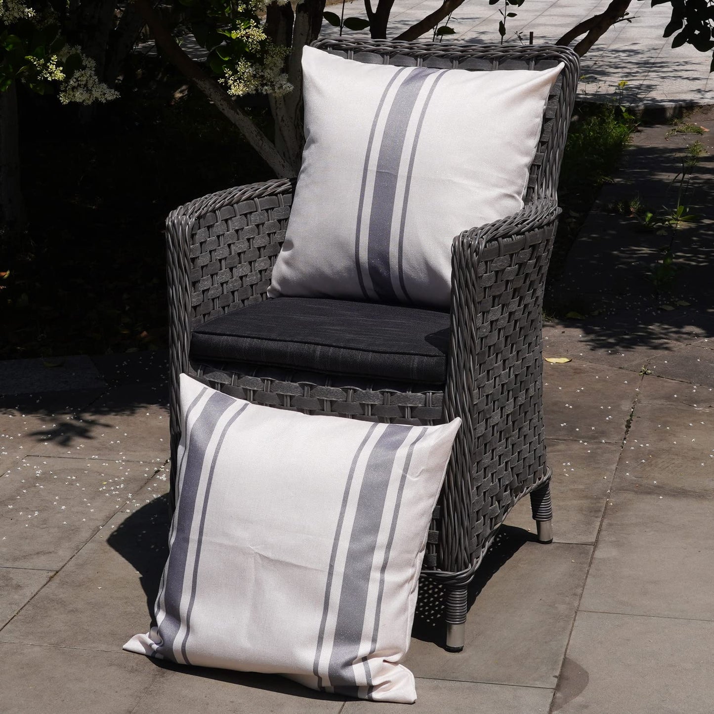 ONWAY Outdoor Pillow Covers Waterproof 18x18 Set of 2 Decorative Linen Throw Pillow Cover Beige and Black Striped Outdoor Pillows for Patio Furniture BST220