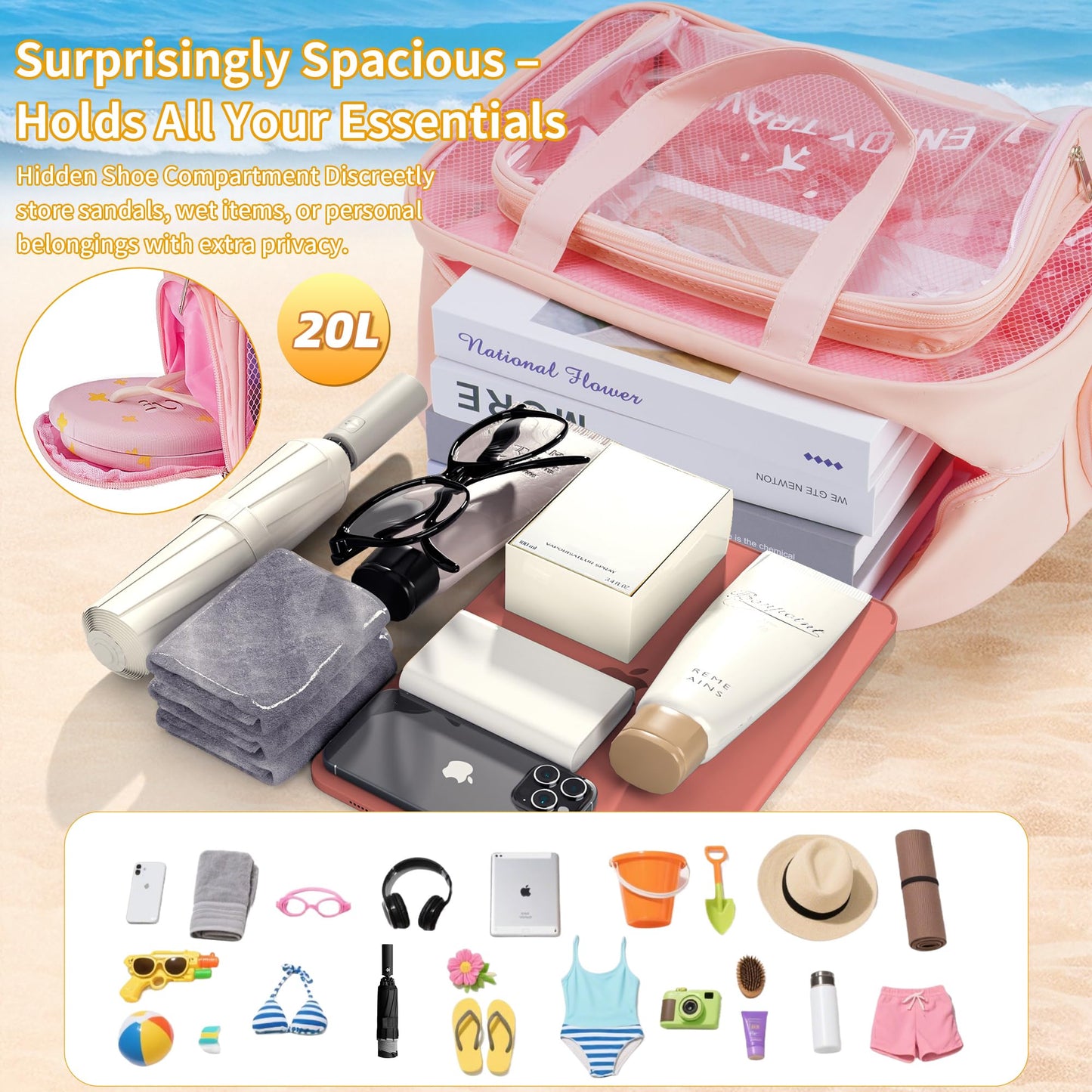 Waterproof Toiletry Bag – Large Capacity Clear PVC Beach Tote Bag, Portable Unisex Travel Makeup Organizer for Swimming, Gym, and Vacation (Beige) BST326H