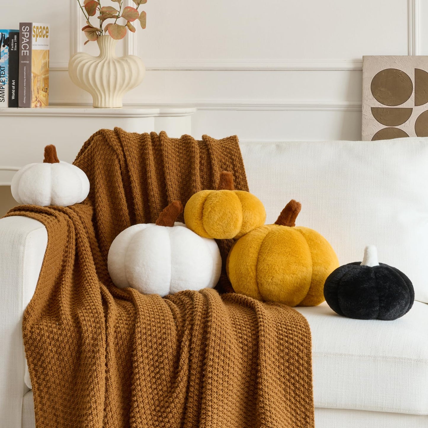 Pumpkin Pillows, Halloween Fall Throw Pillow, Pumpkin Shaped Pillow for Couch, Cute Stuffed Pumpkins, Autumn Decorative Cushion (White, 11 Inches) WN420