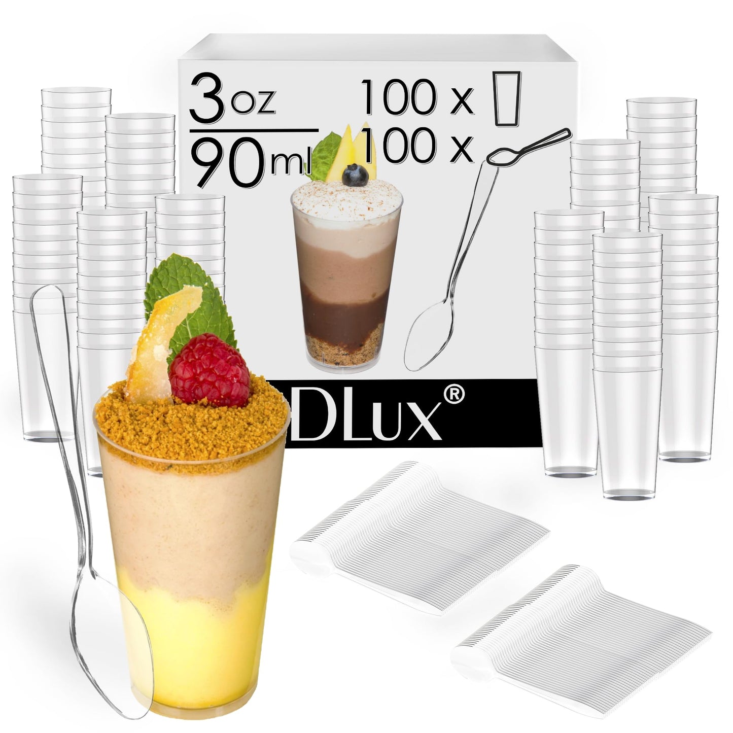 DLux 100 x 3 oz Mini Dessert Cups with Spoons, Shooter - Clear Plastic Parfait Appetizer Cup - Small Reusable Shooter Glass for Tasting Party Shooters Desserts Appetizers - With Recipe Ebook BST220