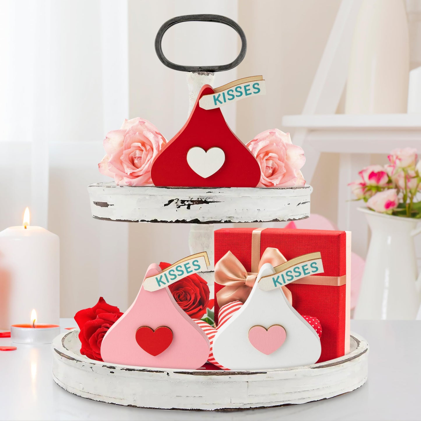 WATINC Valentine Tiered Tray Signs - 3PCS Valentine's Day Kisses Wooden Table Centerpiece Decorations, Sweet Glitter Candy Chocolate Wood Desk Decor, Romantic Tabletop Wedding Farmhouse Party Gifts BST202